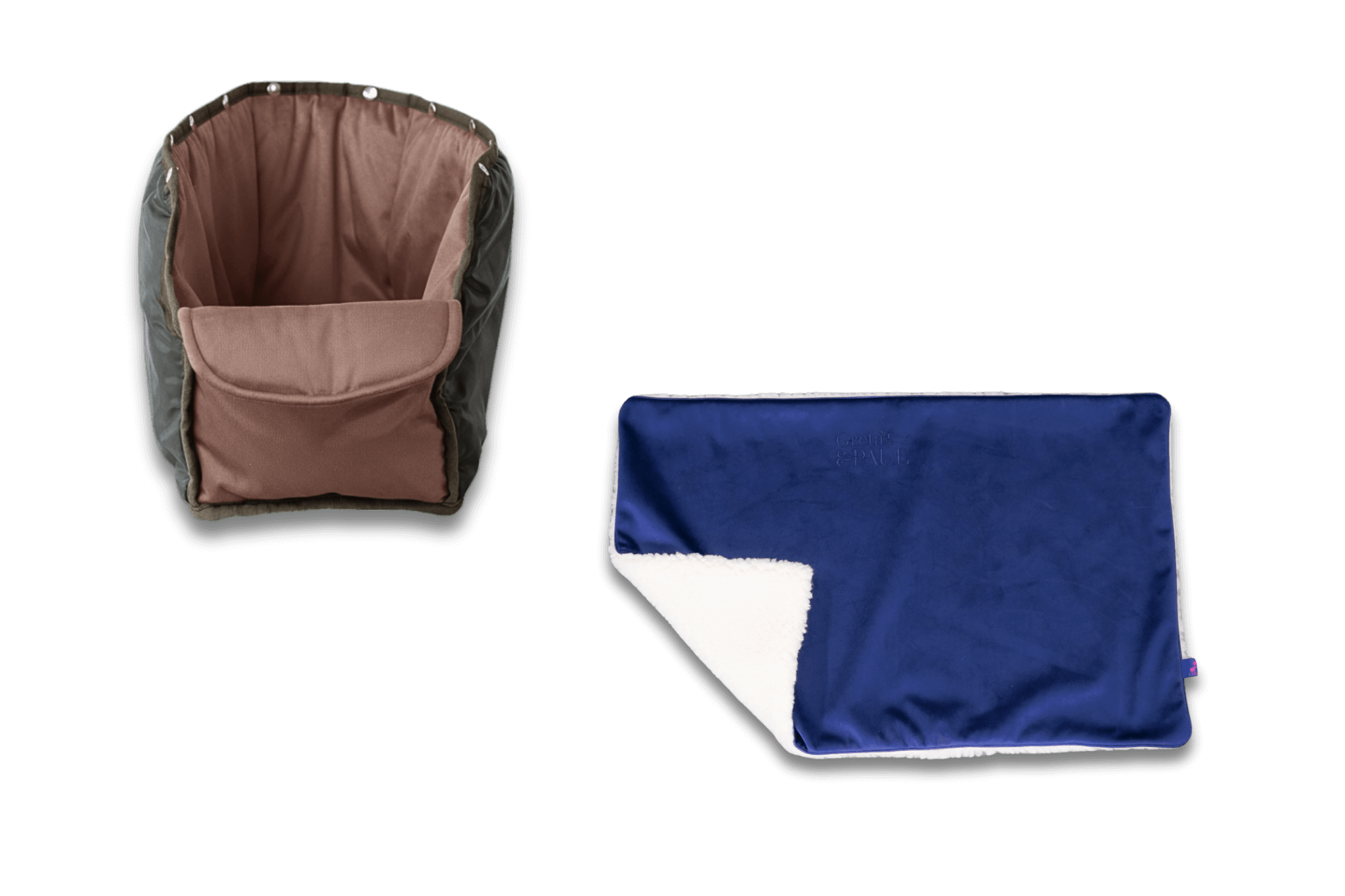 Handgefertigte königsblaue Samt-Flausch Hundedecke mit taupefarbenem Samt-Inlay von Greta und PAUL