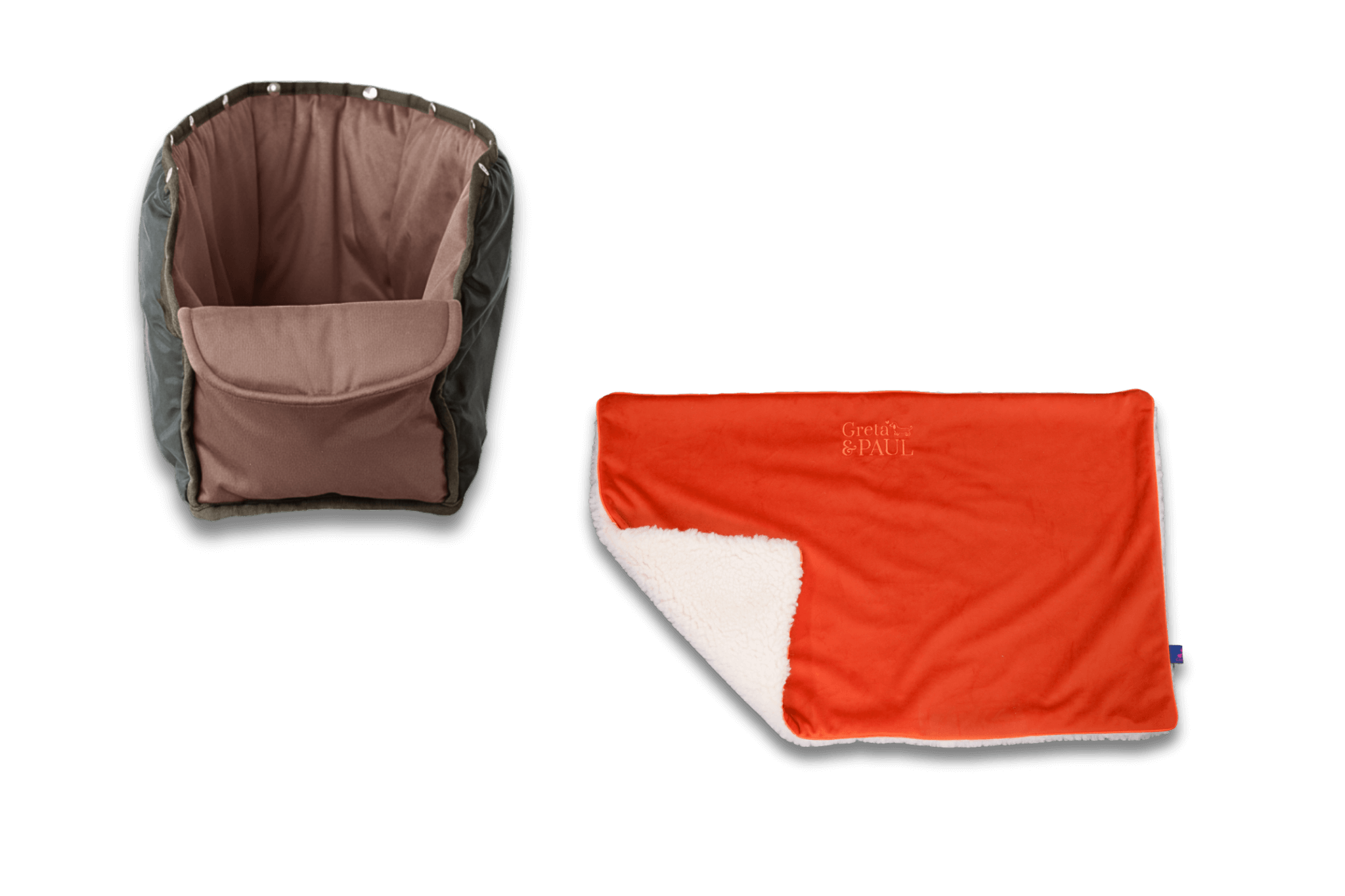 Handgefertigte orangefarbene Samt-Flausch Hundedecke mit taupefarbenem Samt-Inlay von Greta und PAUL