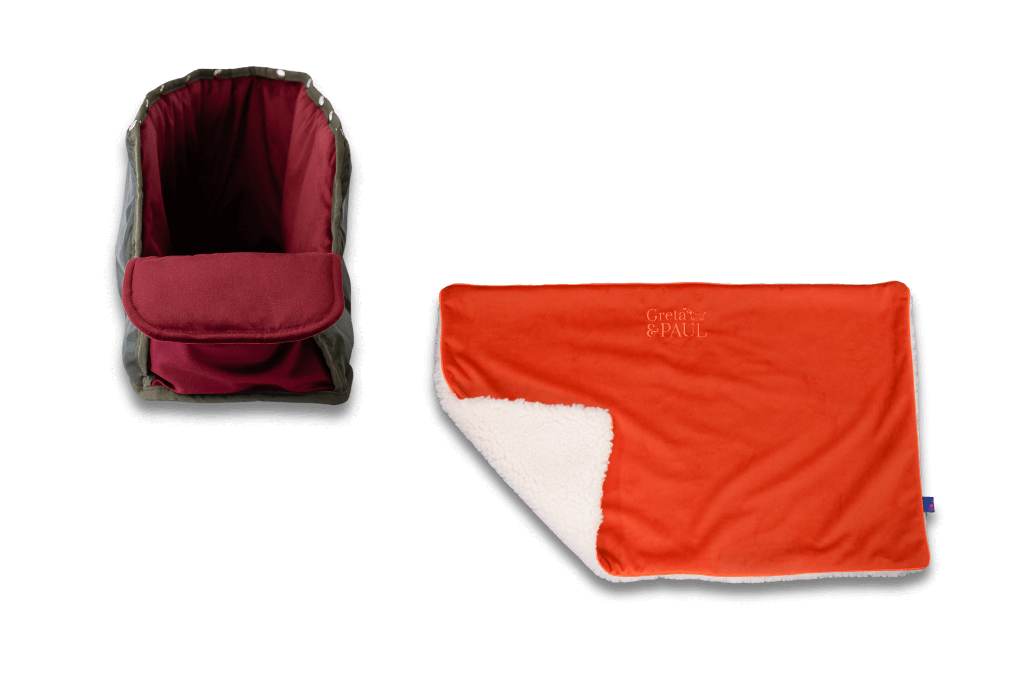 Handgefertigte Greta & PAUL orangefarbene Samt-Flausch Hundedecke mit very-berryfarbenem Samt-Inlay