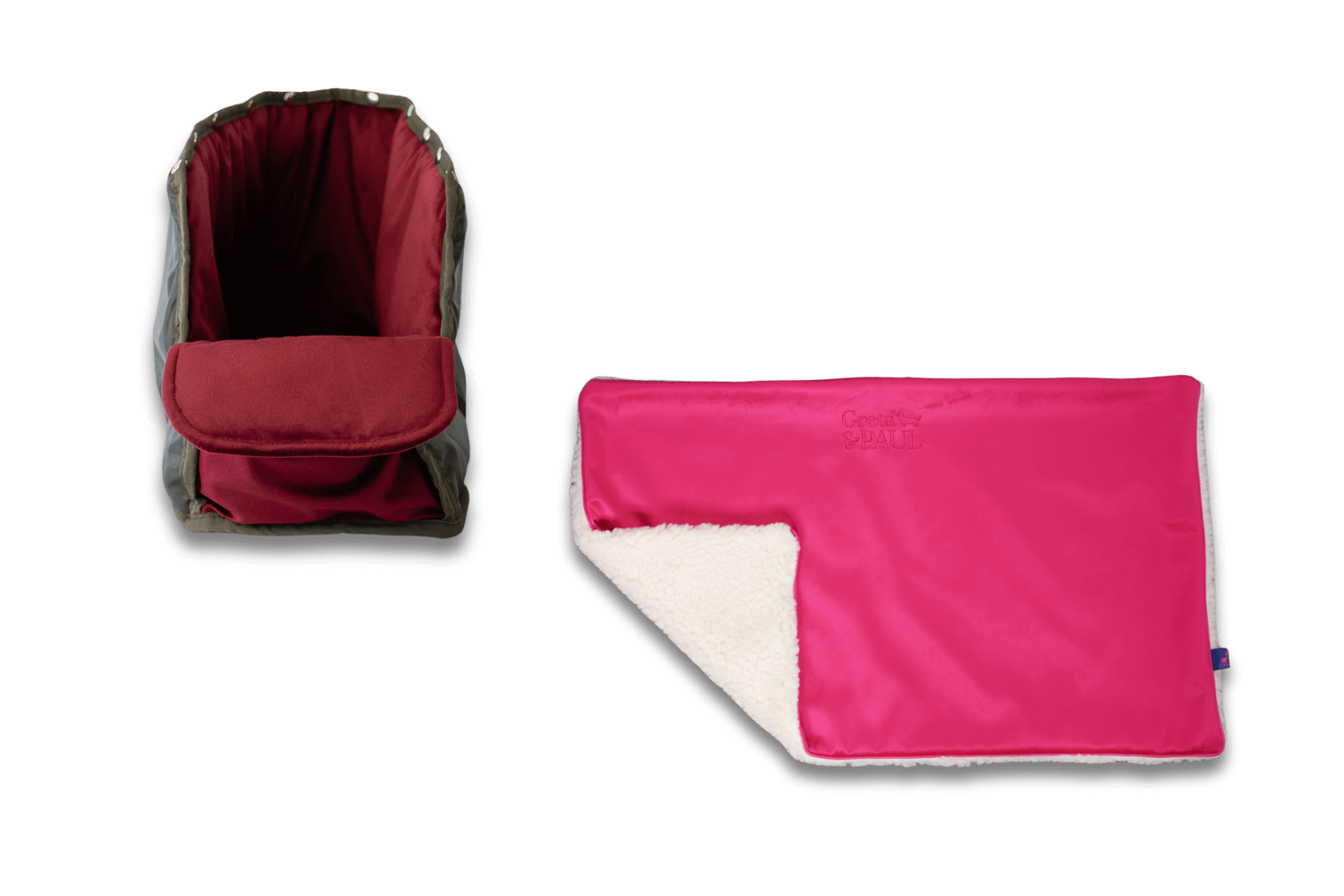 Handgefertigte Greta & PAUL pinke Samt-Flausch Hundedecke mit very-berryfarbenem Samt-Inlay