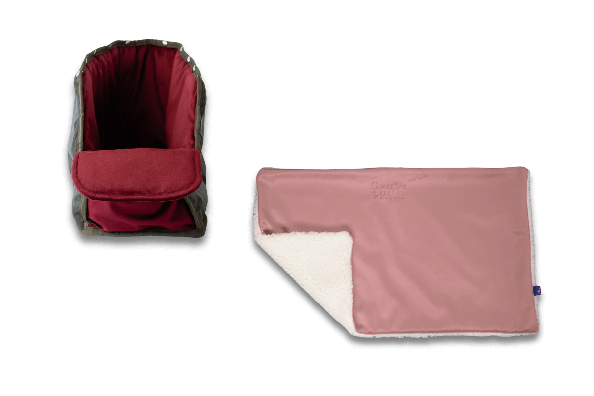 Handgefertigte Greta & PAUL rosafarbene Samt-Flausch Hundedecke mit very-berryfarbenem Samt-Inlay