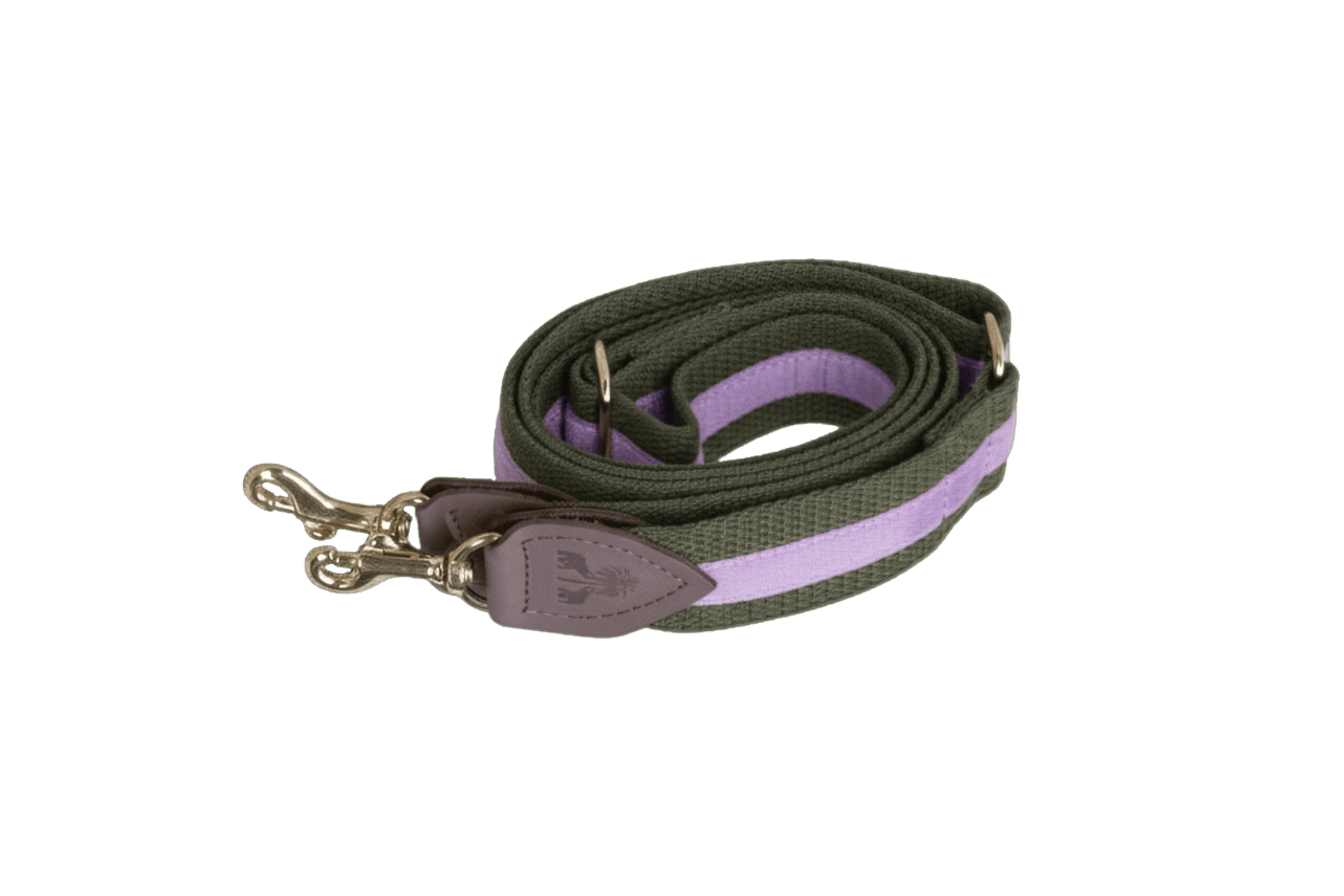 Schulterriemen in Khaki mit fliederfarbenem Samtstreifen für Greta's Hundetasche, mit Lederdetails und goldenen Karabinern.