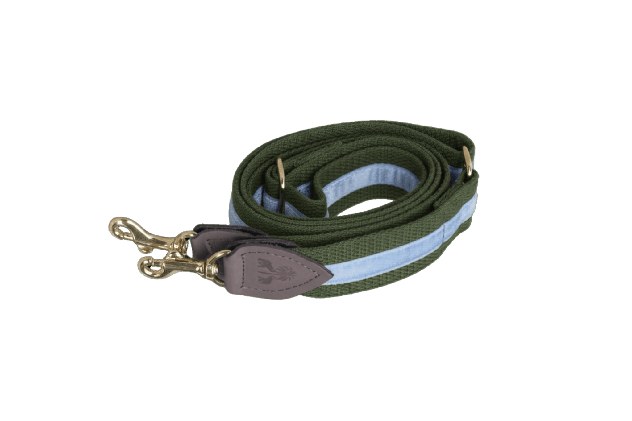 Schulterriemen in Khaki mit hellblauem Samtstreifen für Greta's Hundetasche, mit Lederdetails und goldenen Karabinern.