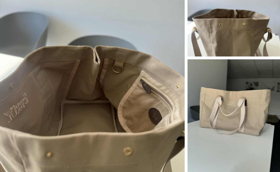 Bildcollage des neuen Shoppers in Cappuccino-Beige von GRETA & PAUL. Zeigt das Innenleben mit Fächern und gesticktem Logo.