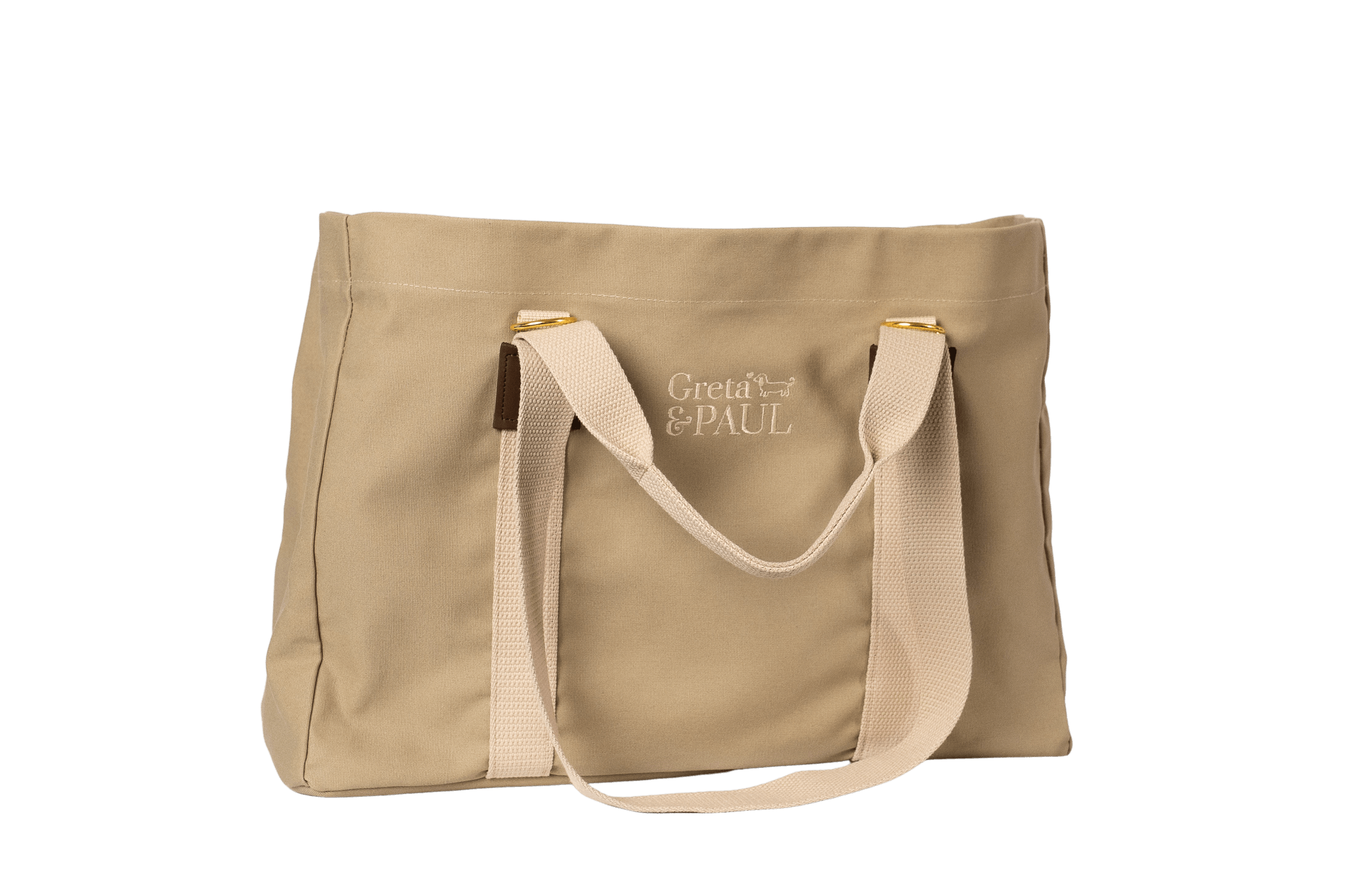 GRETA & PAUL Shopper in Cappuccino-Beige, Frontansicht mit gesticktem Logo.