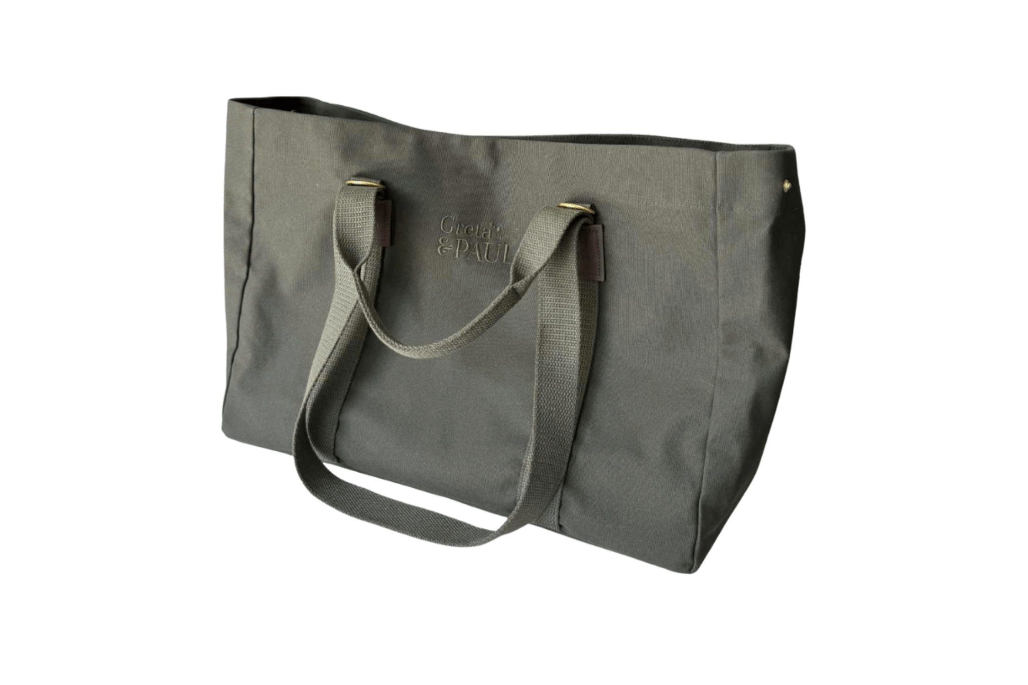 GRETA & PAUL Shopper in Khaki-Olivgrün, Frontansicht mit gesticktem Logo.