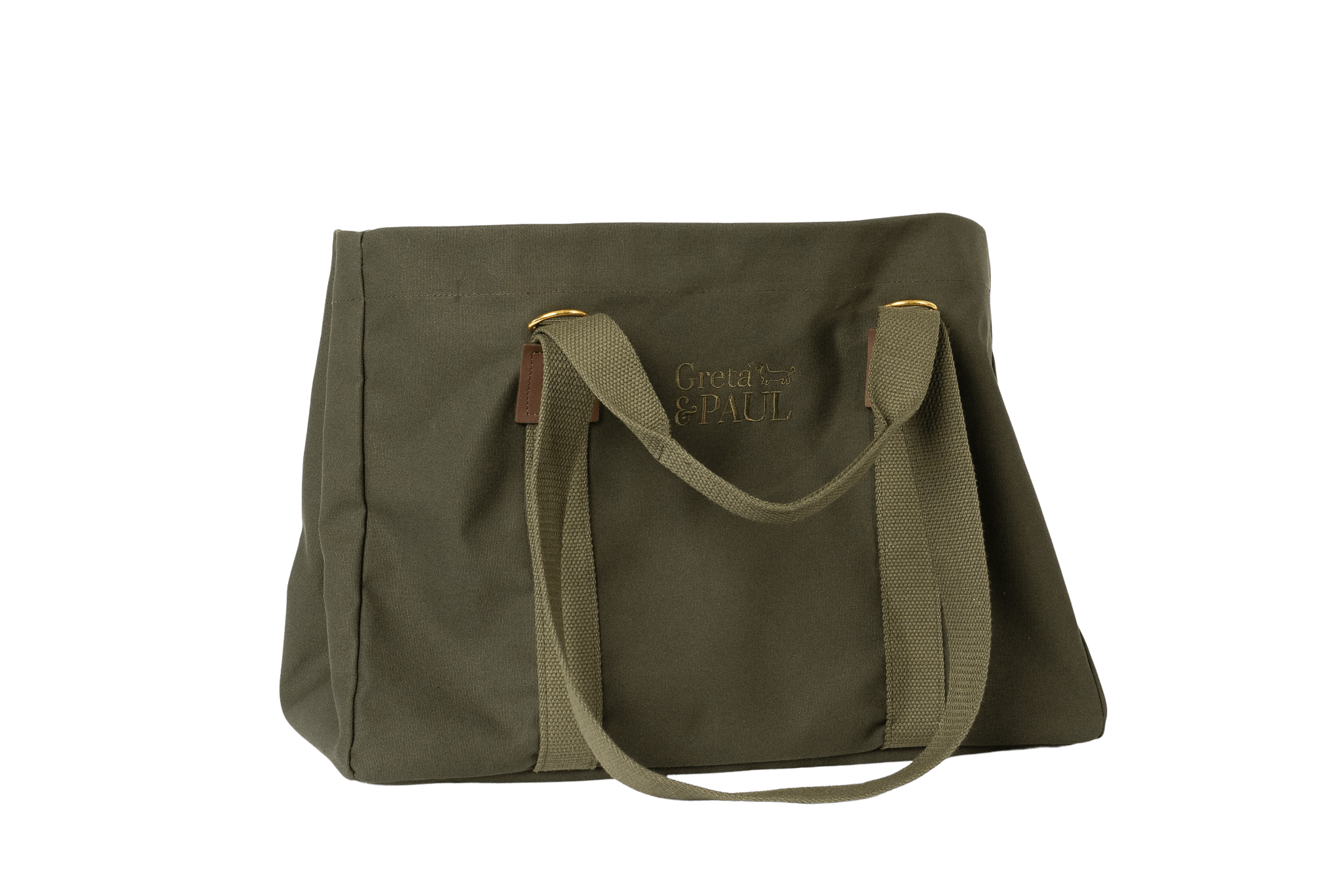 GRETA & PAUL Shopper in Khaki-Olivgrün, Frontansicht mit gesticktem Logo.