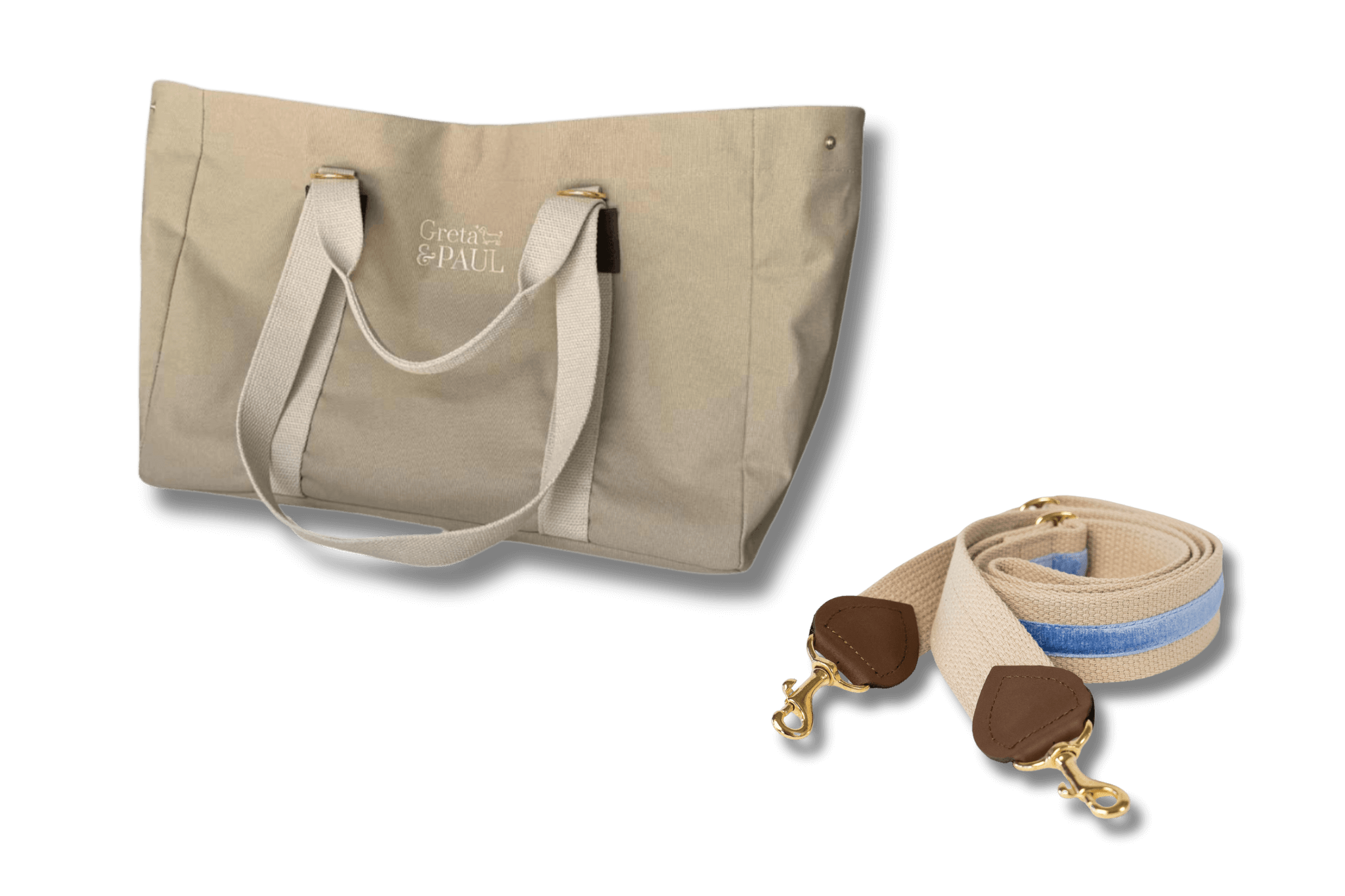Beigefarbener Greta & PAUL Shopper mit passendem Schulterriemen mit hellblauem Samtstreifen und feinen Lederdetails.