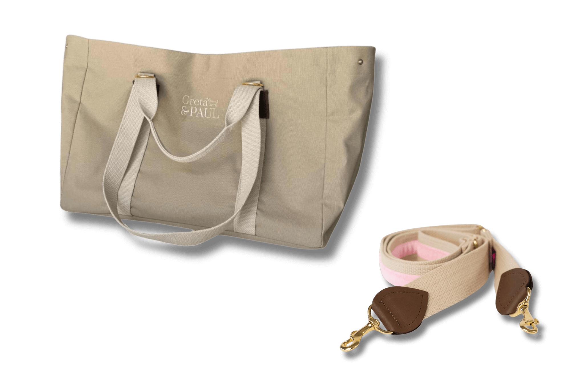 Beigefarbener Greta & PAUL Shopper mit passendem Schulterriemen mit rosafarbenem Samtstreifen und feinen Lederdetails.