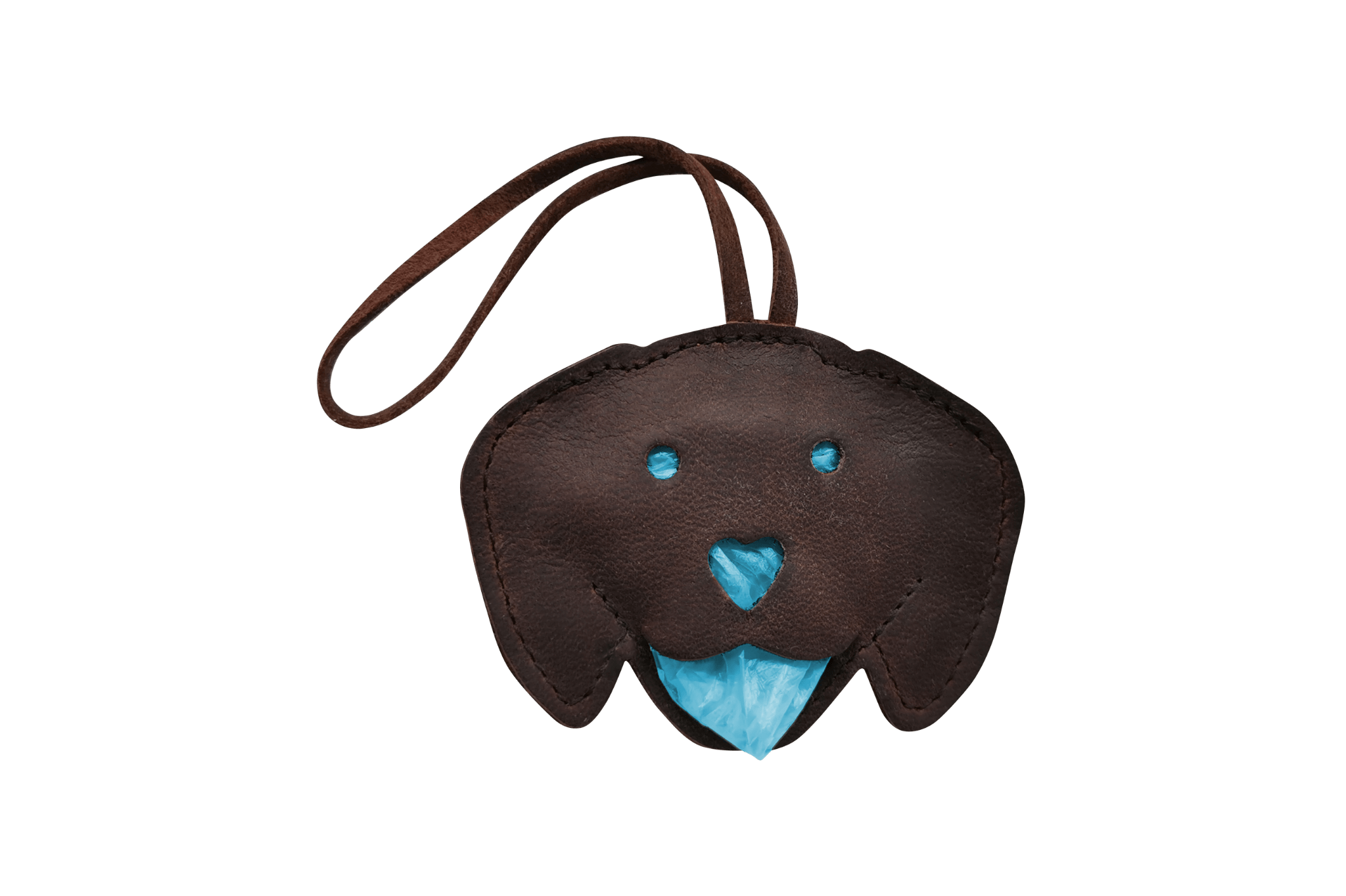 Handgefertigter Leder-Tütchenspender "Gretchen" in Form eines Dackelkopfes, gefüllt mit blauen Kotbeuteln.
