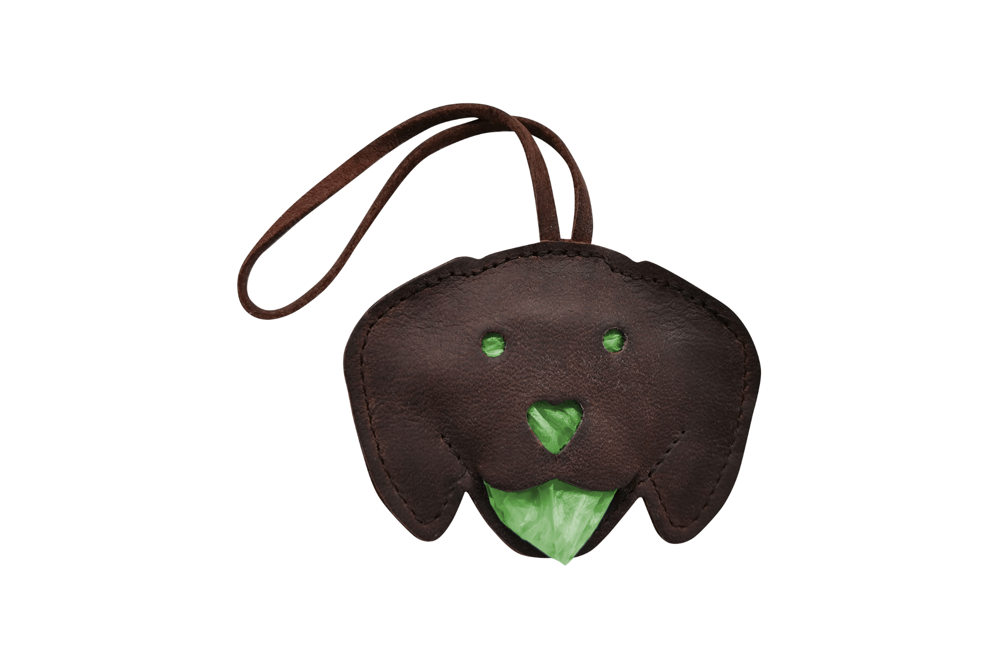 Handgefertigter Leder-Tütchenspender "Gretchen" in Form eines Dackelkopfes, gefüllt mit grünen Kotbeuteln.