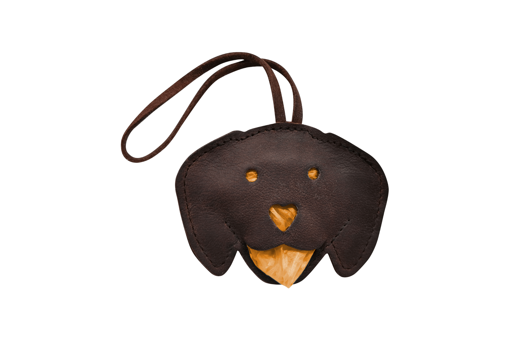 Handgefertigter Leder-Tütchenspender "Gretchen" in Form eines Dackelkopfes, gefüllt mit orangefarbenen Kotbeuteln.