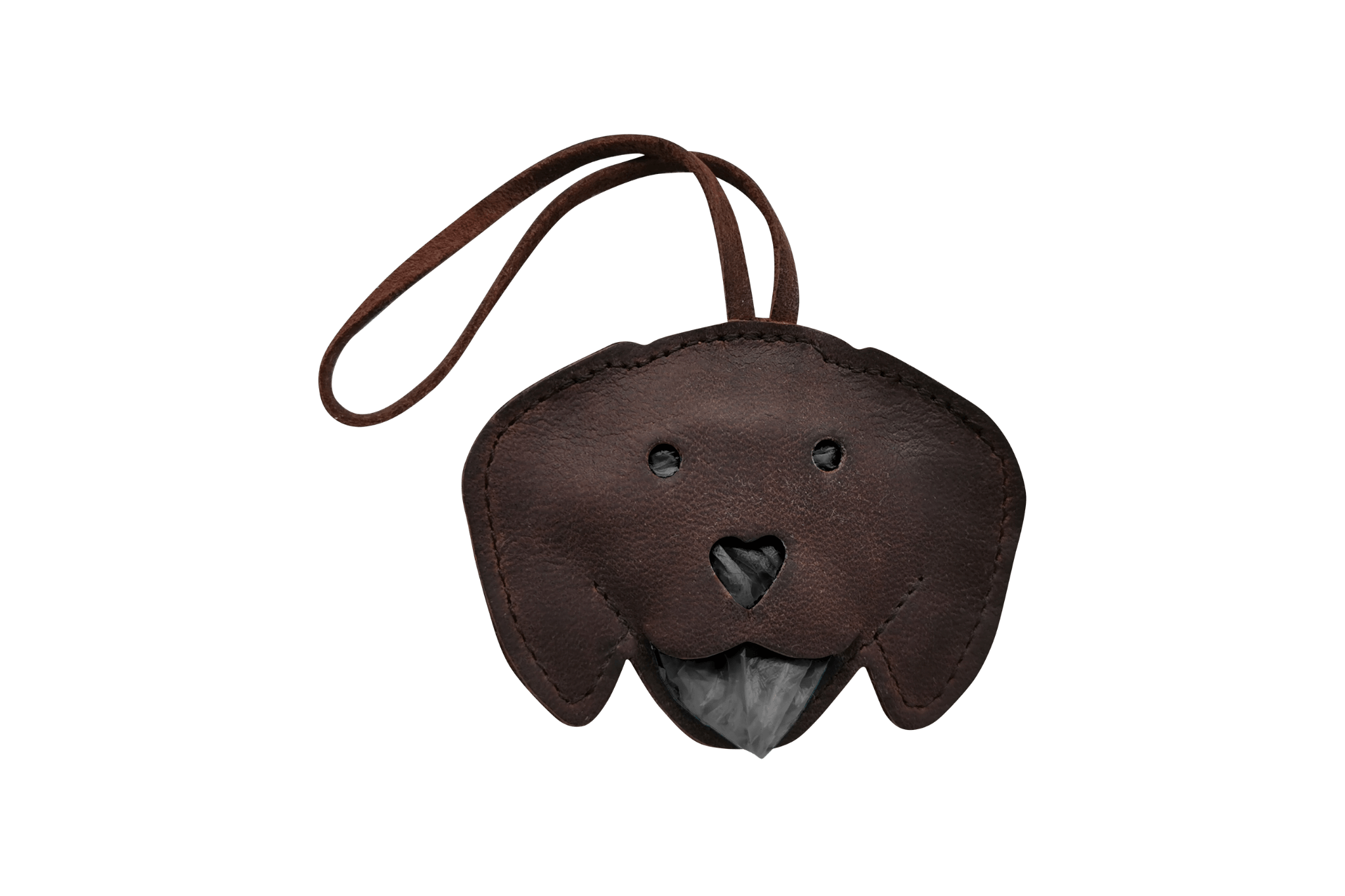 Handgefertigter Leder-Tütchenspender "Gretchen" in Form eines Dackelkopfes, gefüllt mit schwarzen Kotbeuteln.