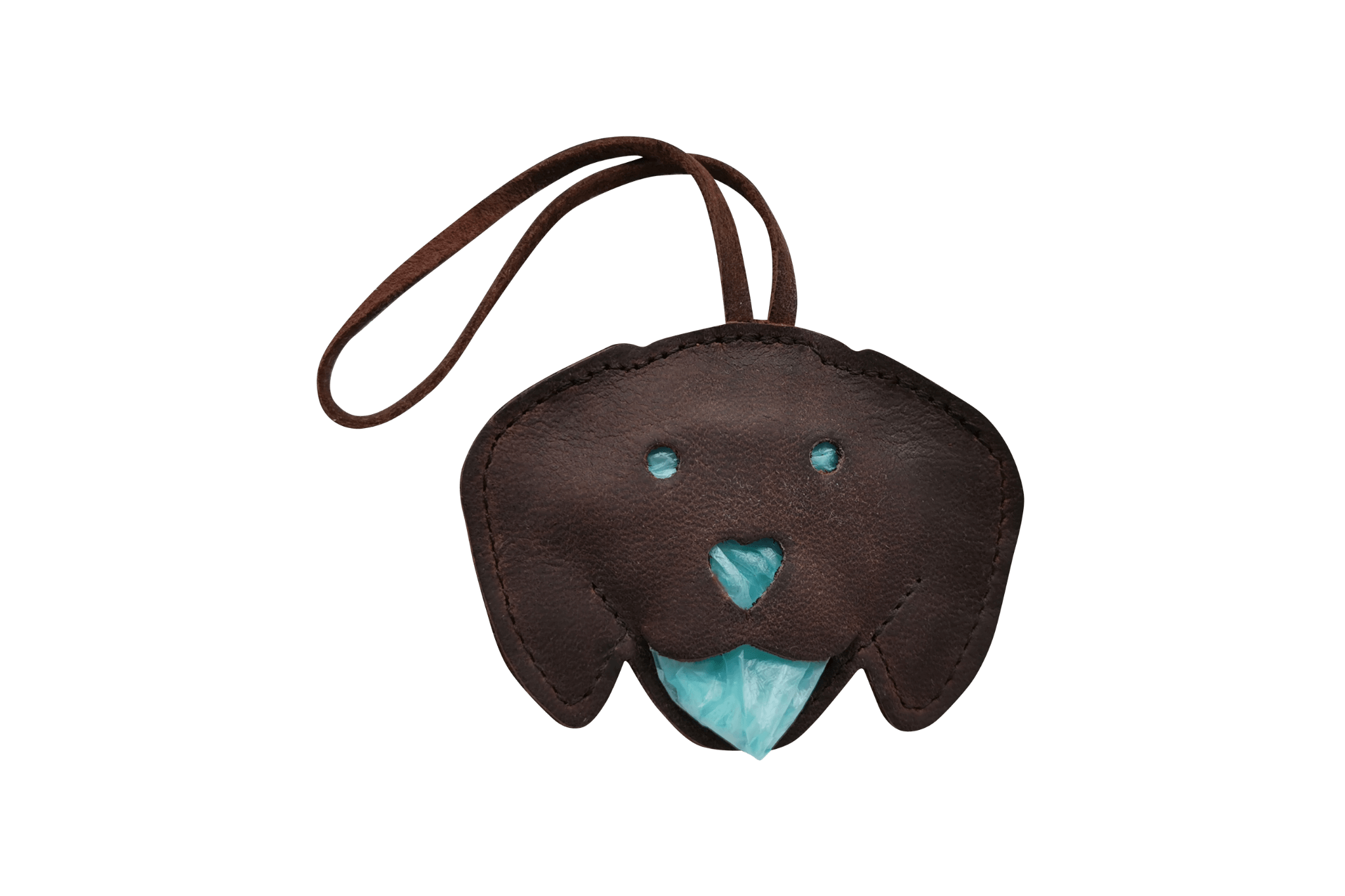 Handgefertigter Leder-Tütchenspender "Gretchen" in Form eines Dackelkopfes, gefüllt mit türkisfarbenen Kotbeuteln.