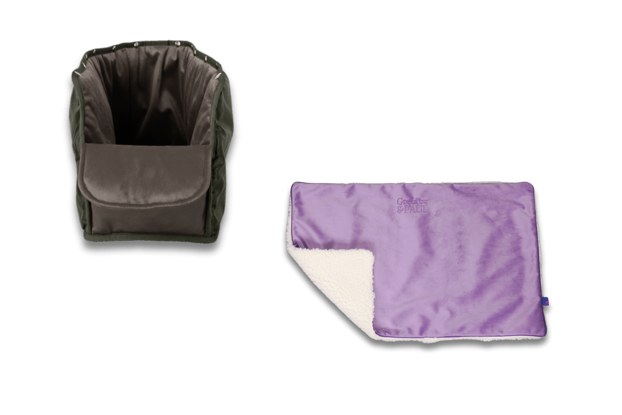 Handgefertigte Greta & PAUL fliederfarbene Samt-Flausch Hundedecke mit anthrazitfarbenem XL-Samt-Inlay