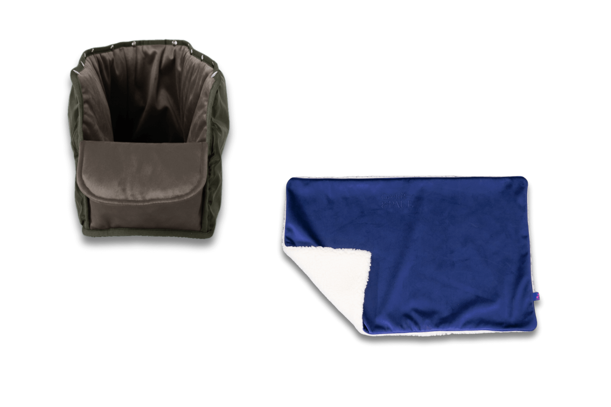 Handgefertigte Greta & PAUL königsblaue Samt-Flausch Hundedecke mit anthrazitfarbenem XL-Samt-Inlay