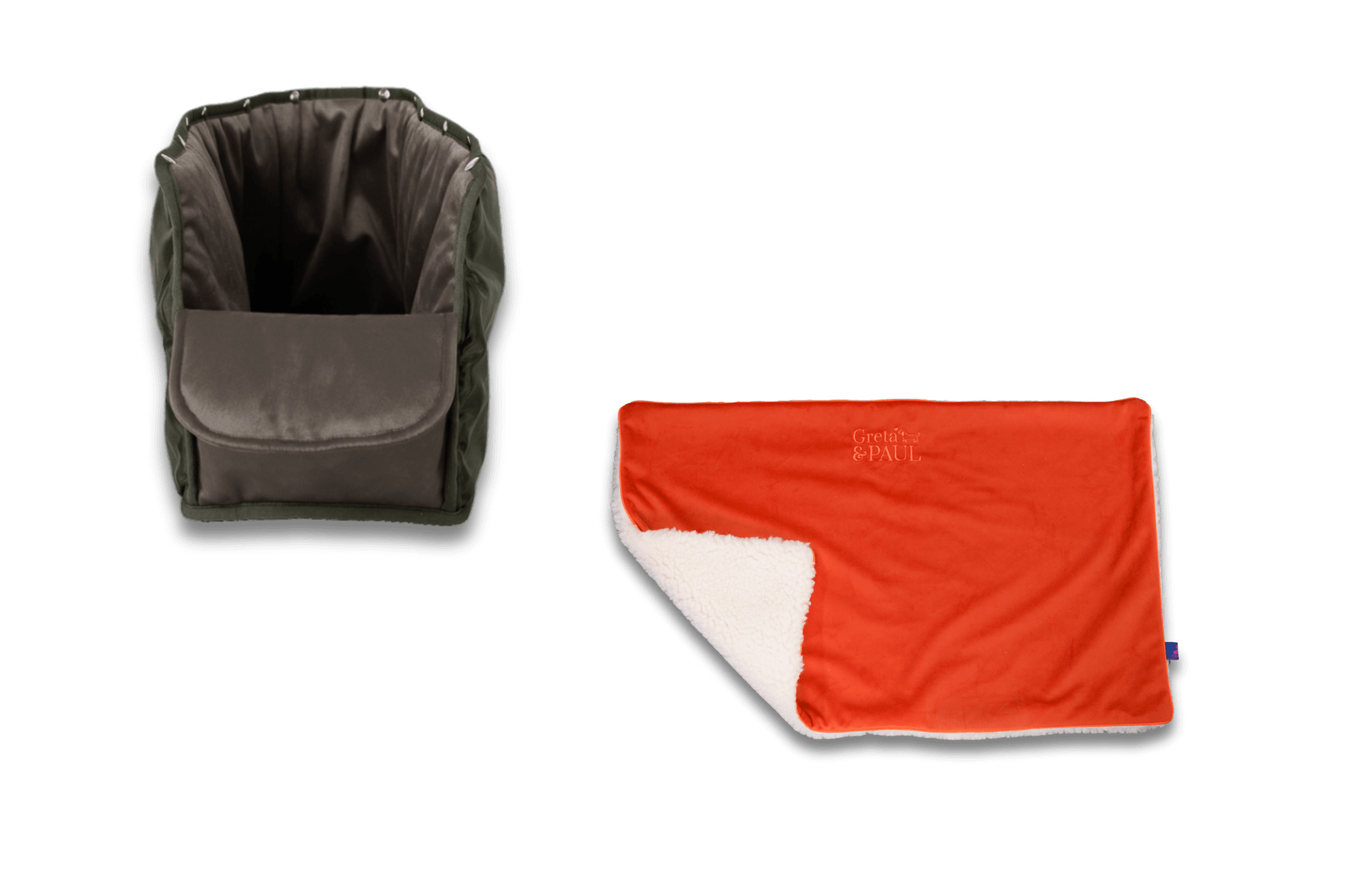 Handgefertigte Greta & PAUL orangefarbene Samt-Flausch Hundedecke mit anthrazitfarbenem XL-Samt-Inlay