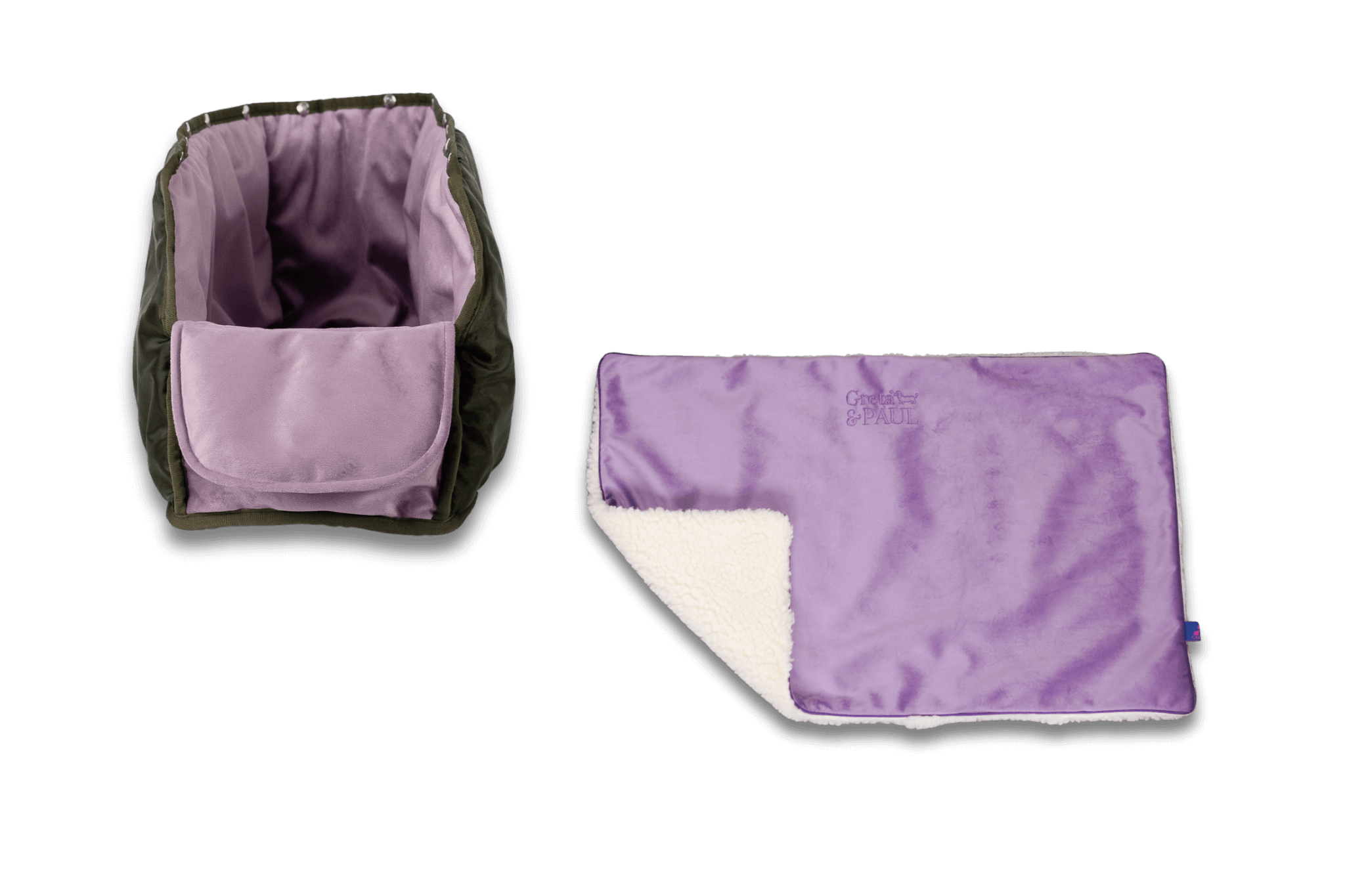 Handgefertigte Greta & PAUL fliederfarbene Samt-Flausch Hundedecke mit fliederfarbenem XL-Samt-Inlay