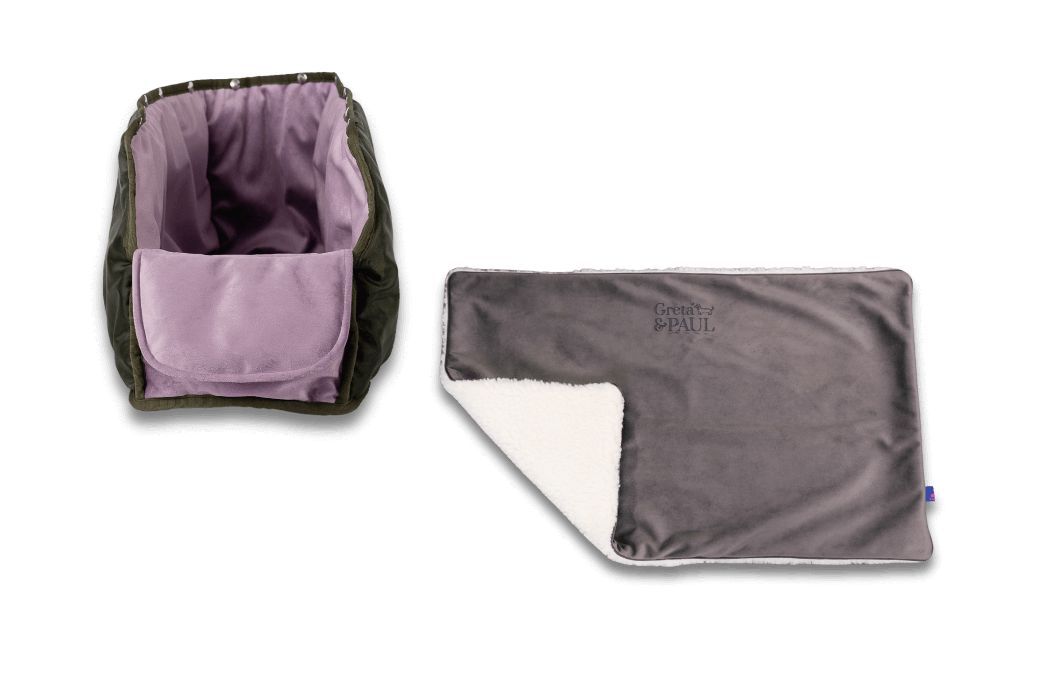 Handgefertigte Greta & PAUL anthrazitfarbene Samt-Flausch Hundedecke mit fliederfarbenem XL-Samt-Inlay