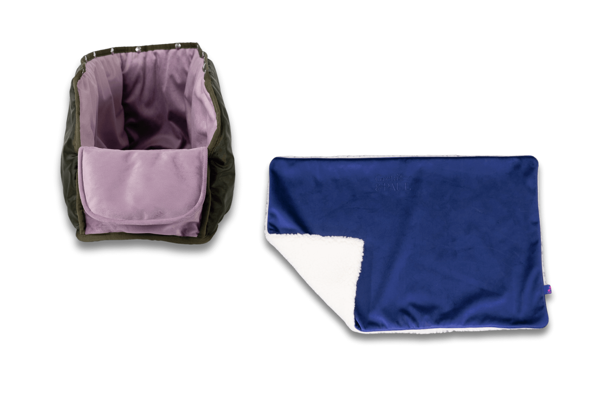 Handgefertigte Greta & PAUL königsblaue Samt-Flausch Hundedecke mit fliederfarbenem XL-Samt-Inlay