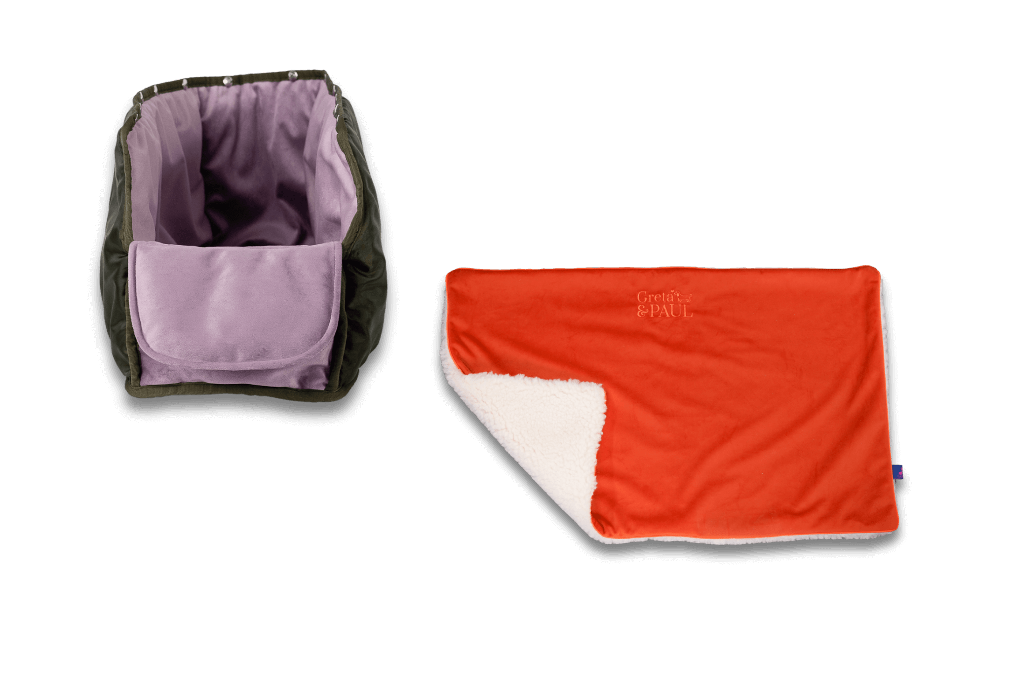 Handgefertigte Greta & PAUL orangefarbene Samt-Flausch Hundedecke mit fliederfarbenem XL-Samt-Inlay