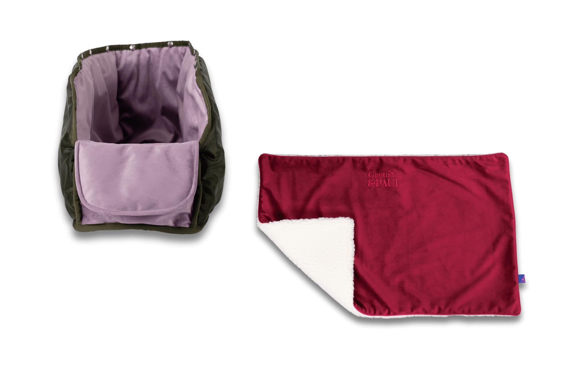 Handgefertigte Greta & PAUL very-berryfarbene Samt-Flausch Hundedecke mit fliederfarbenem XL-Samt-Inlay