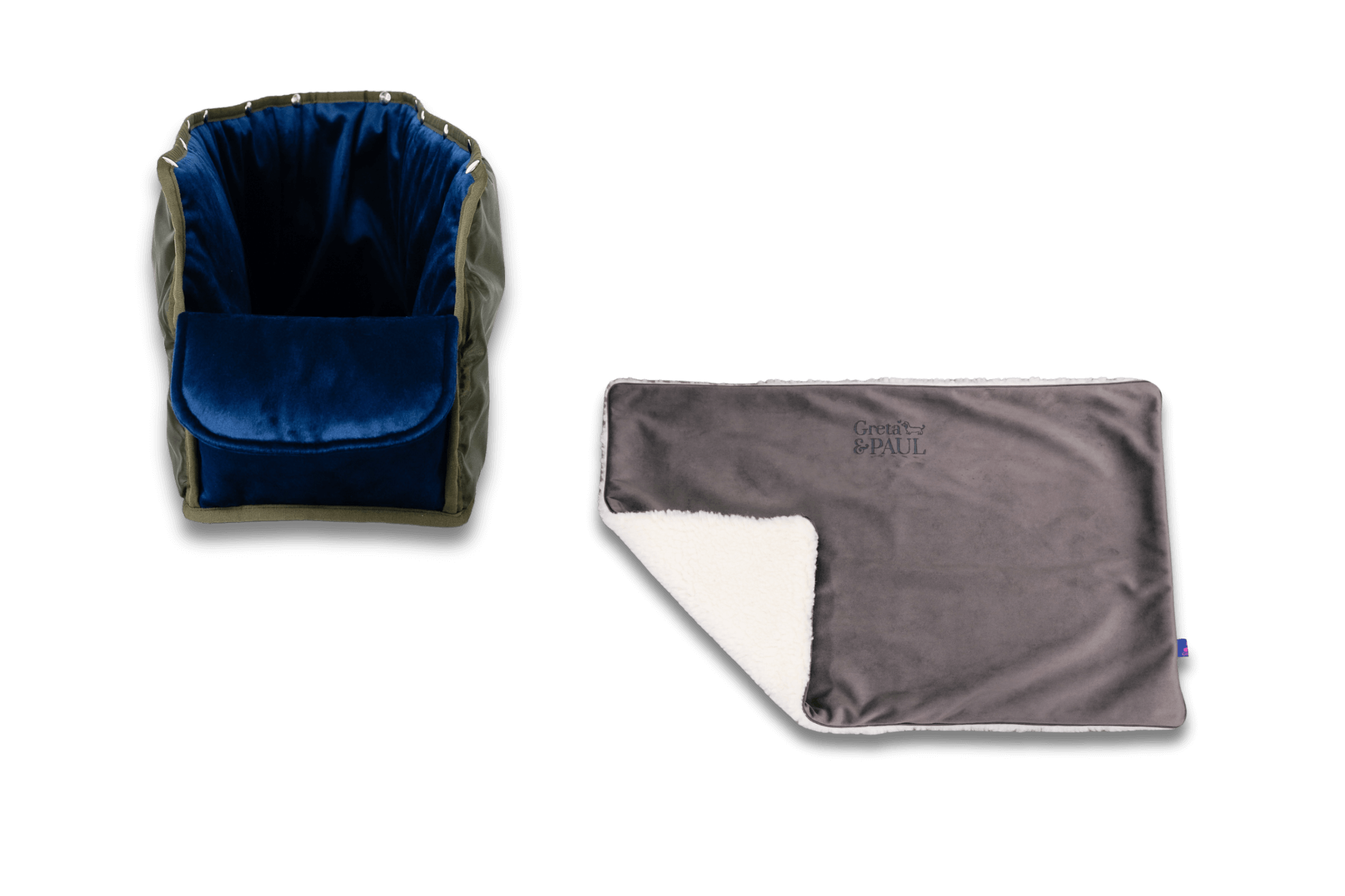 Handgefertigte Greta & PAUL anthrazitfarbene Samt-Flausch Hundedecke mit königsblauem XL-Samt-Inlay