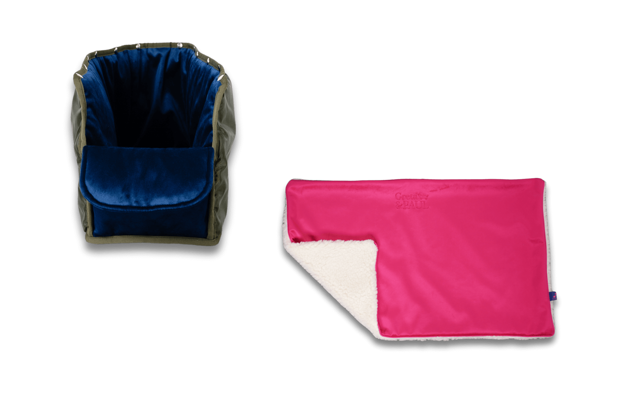 Handgefertigte Greta & PAUL pinke Samt-Flausch Hundedecke mit königsblauem XL-Samt-Inlay