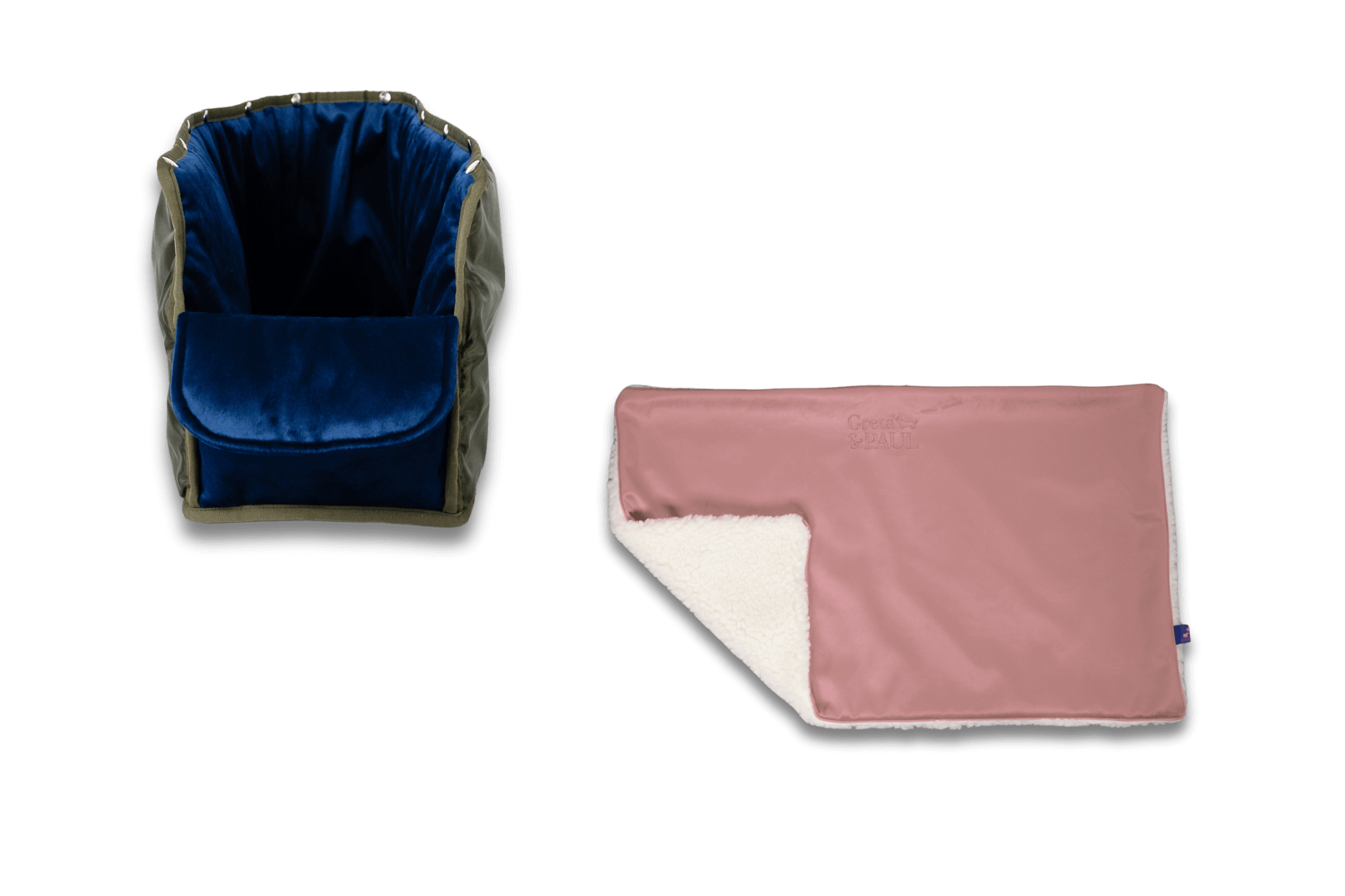 Handgefertigte Greta & PAUL rosafarbene Samt-Flausch Hundedecke mit königsblauem XL-Samt-Inlay