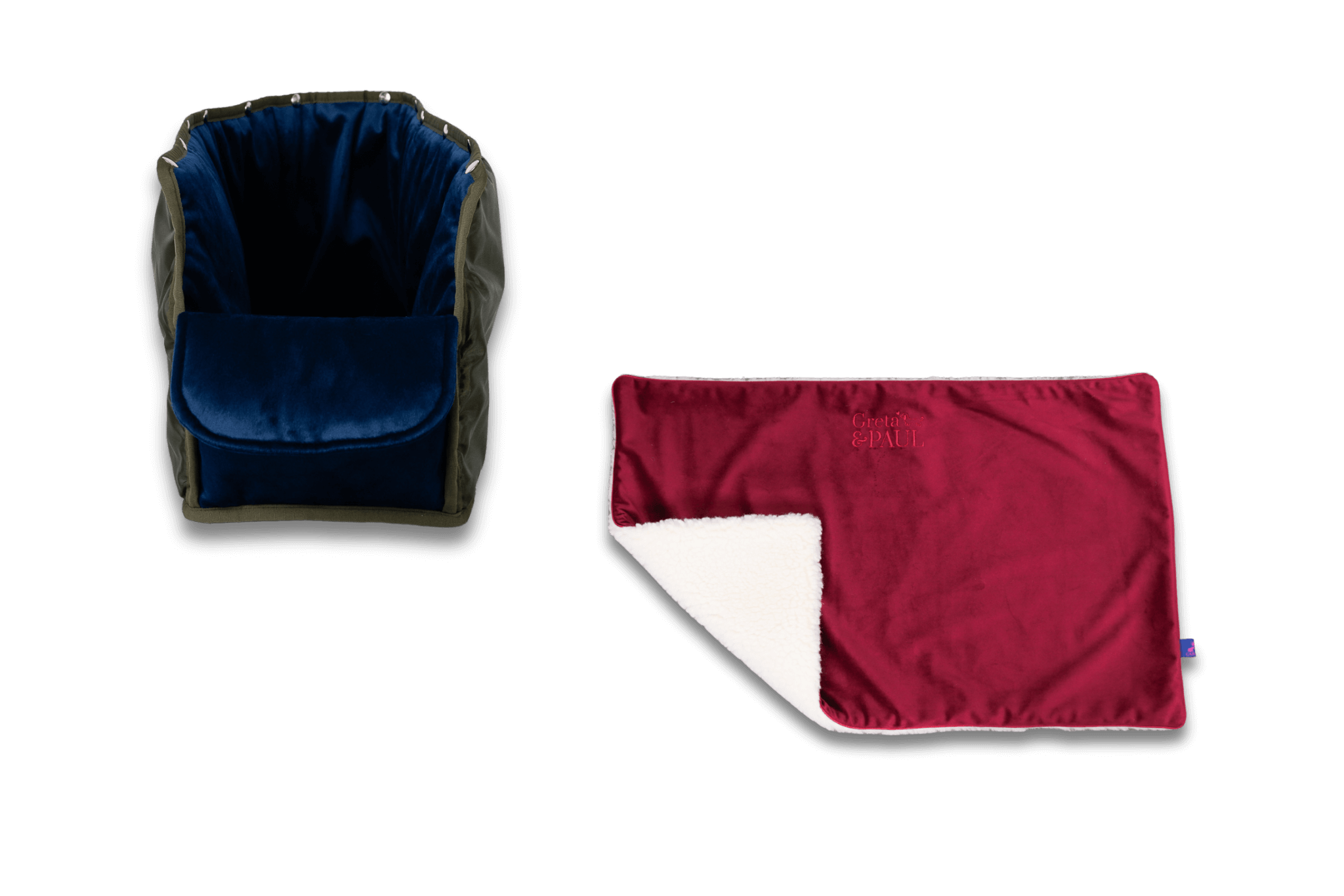 Handgefertigte Greta & PAUL very-berryfarbene Samt-Flausch Hundedecke mit königsblauem XL-Samt-Inlay