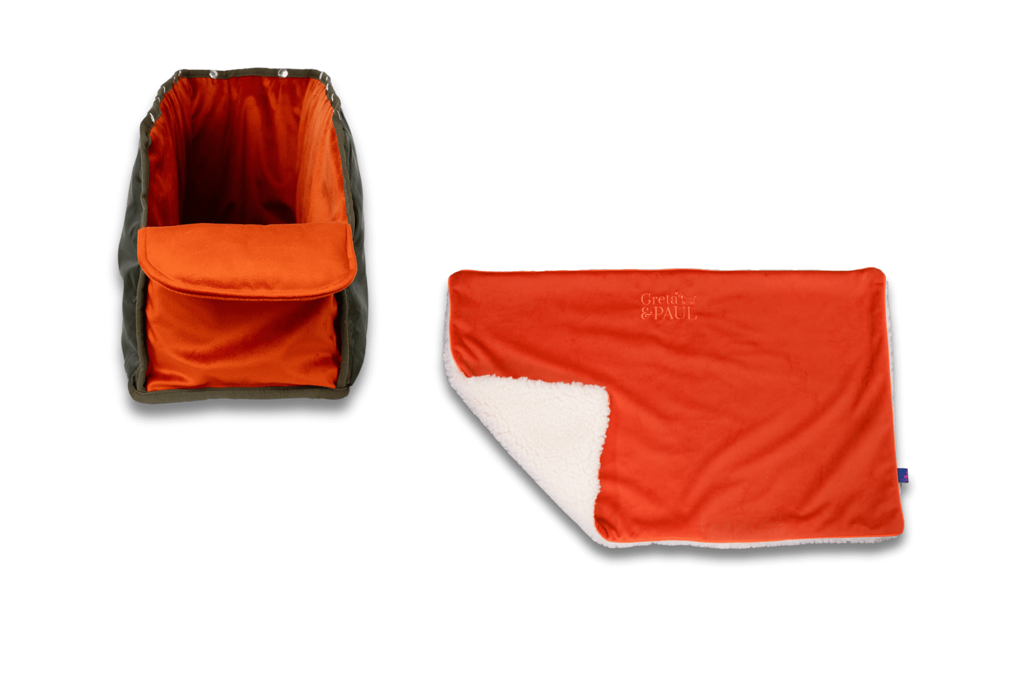 Handgefertigte Greta & PAUL orangefarbene Samt-Flausch Hundedecke mit orangefarbenem XL-Samt-Inlay