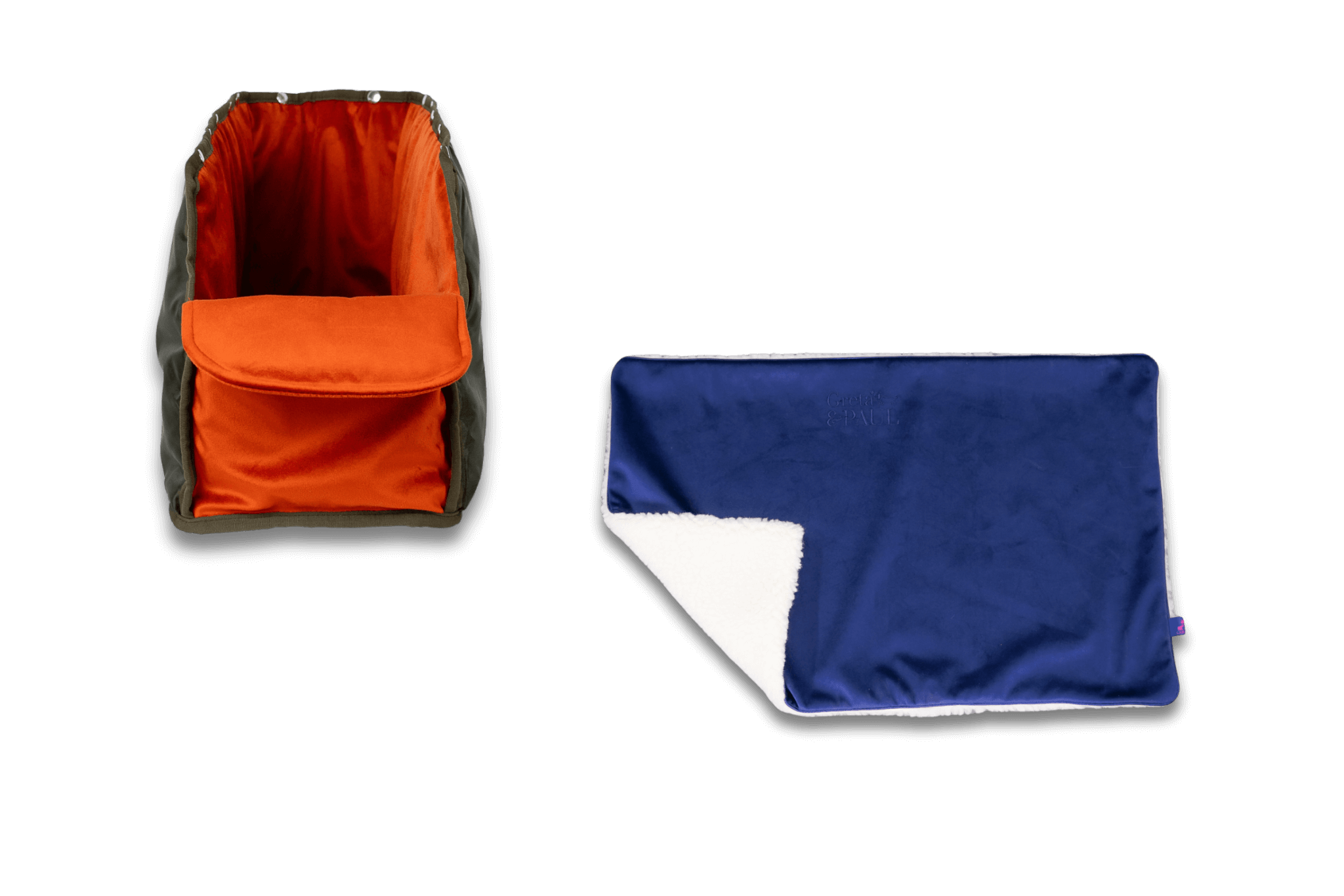 Handgefertigte Greta & PAUL königsblaue Samt-Flausch Hundedecke mit orangefarbenem XL-Samt-Inlay