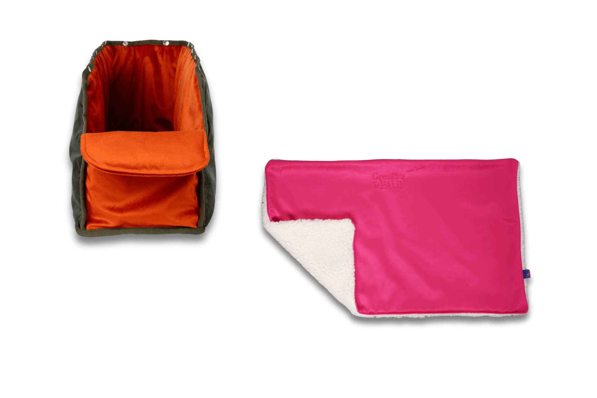 Handgefertigte Greta & PAUL pinke Samt-Flausch Hundedecke mit orangefarbenem XL-Samt-Inlay