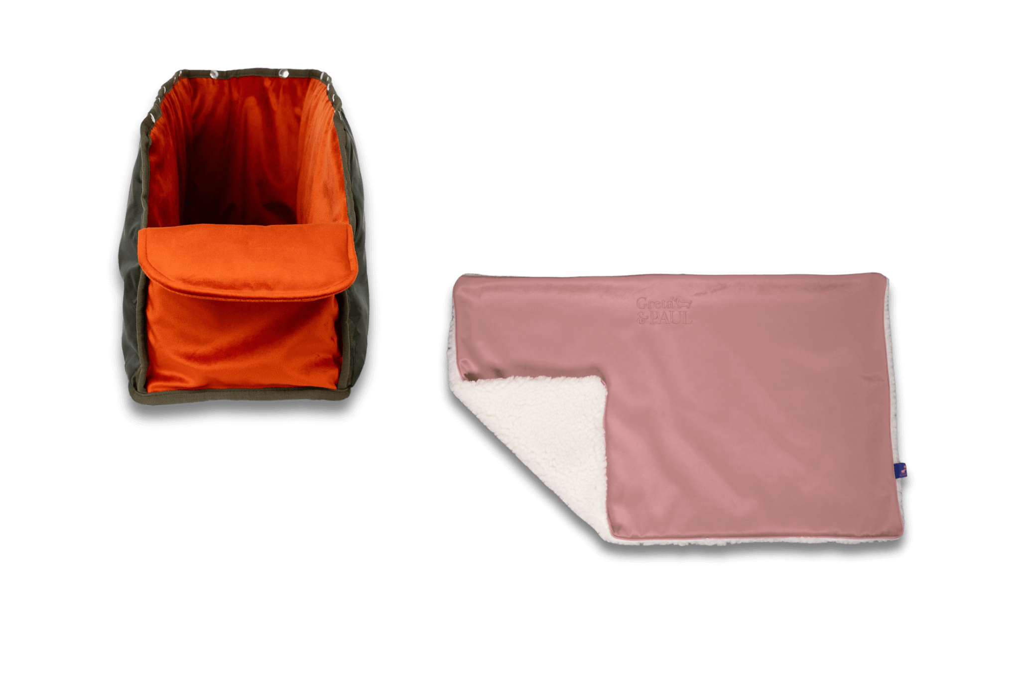 Handgefertigte Greta & PAUL rosafarbene Samt-Flausch Hundedecke mit orangefarbenem XL-Samt-Inlay