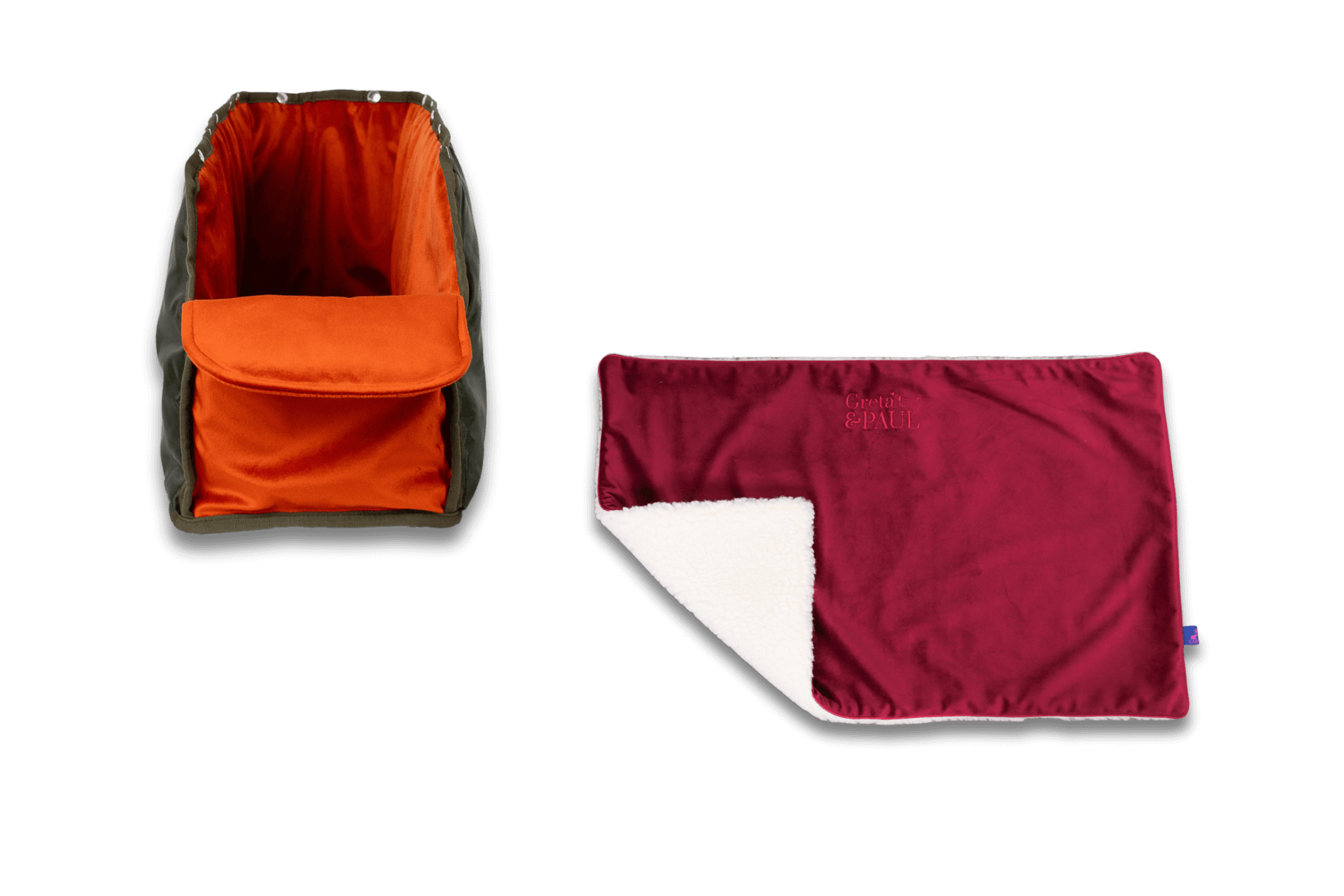Handgefertigte Greta & PAUL very-berryfarbene Samt-Flausch Hundedecke mit orangefarbenem XL-Samt-Inlay