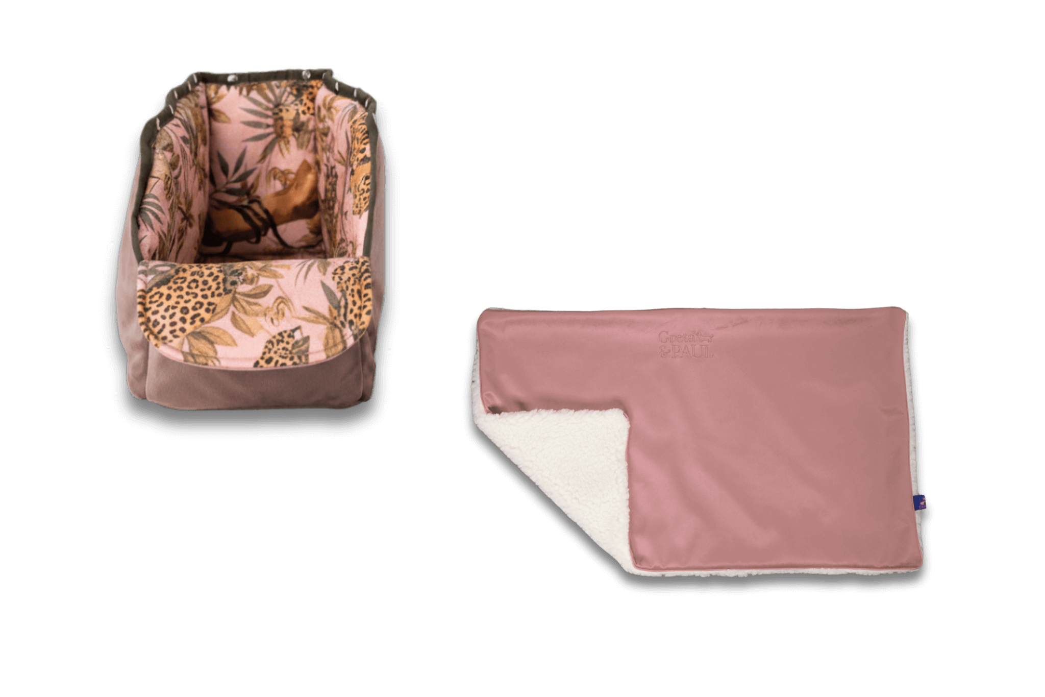 Handgefertigte rosafarbene Hundedecke von Greta & PAUL aus Samt-Flausch mit Pink-Leo Wende-XL-Inlay