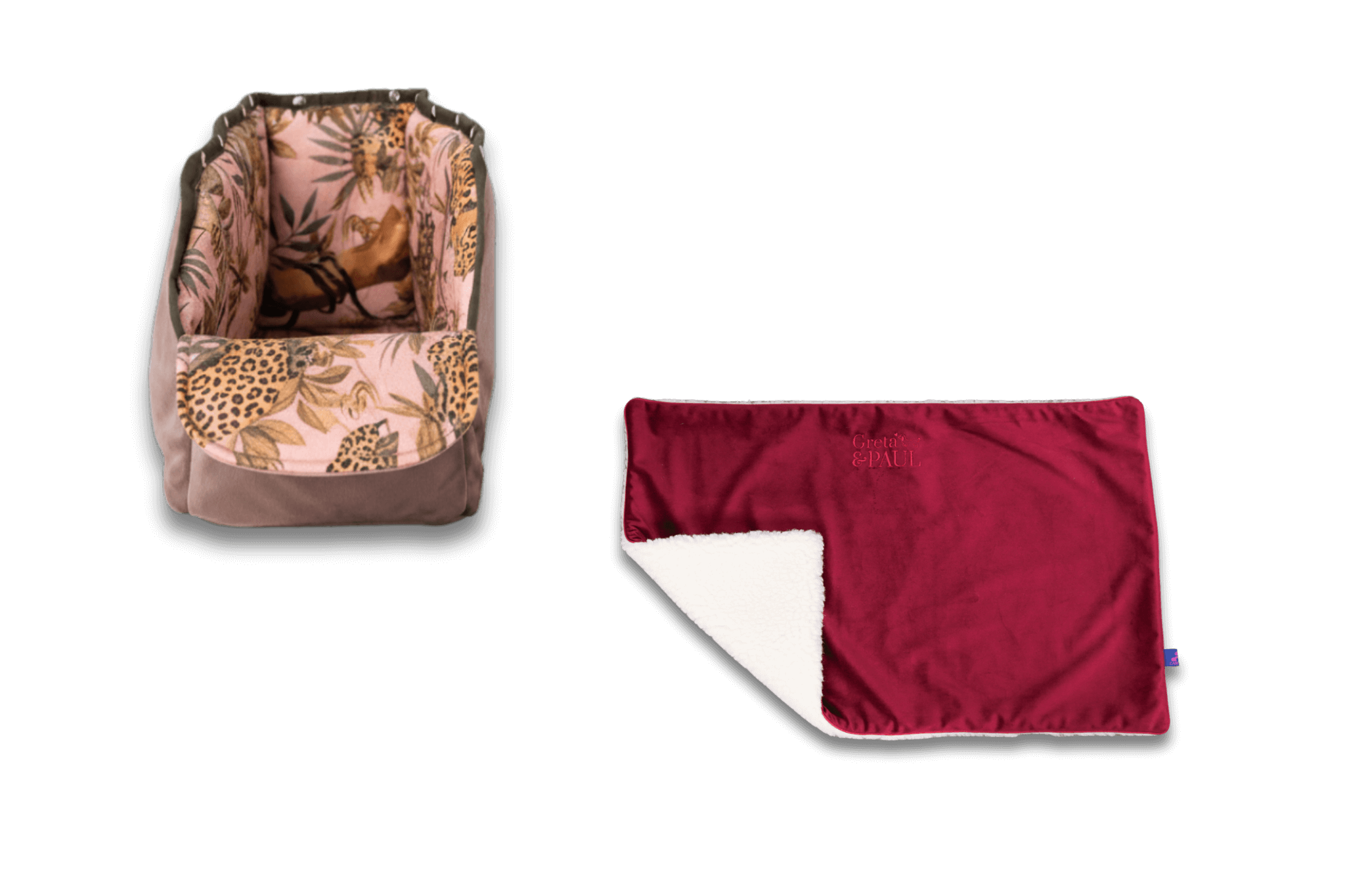 Handgefertigte Very-berryfarbene Hundedecke von Greta & PAUL aus Samt-Flausch mit Pink-Leo Wende-XL-Inlay