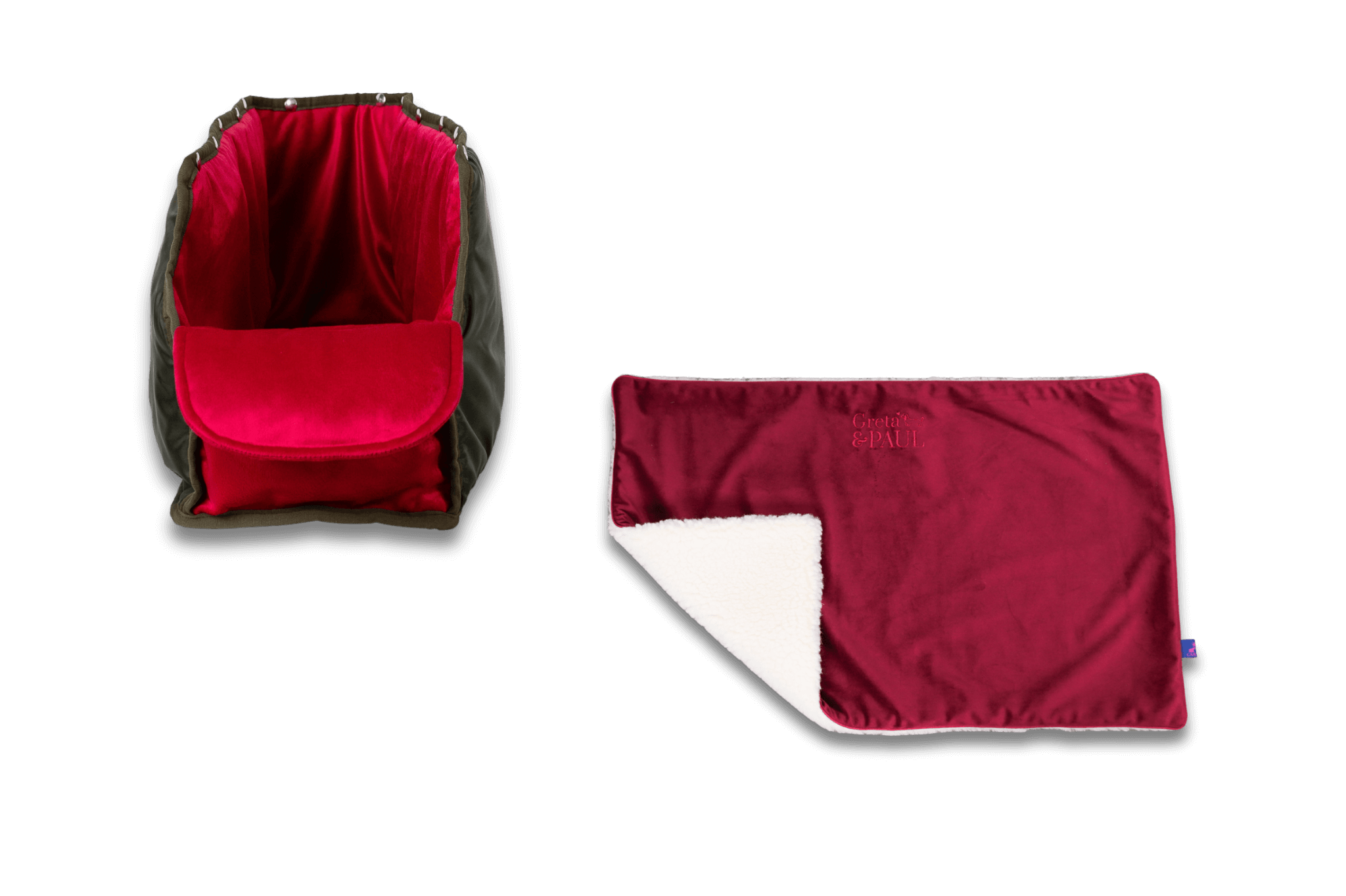 Handgefertigte Greta & PAUL very-berryfarbene Samt-Flausch Hundedecke mit pinkem XL-Samt-Inlay