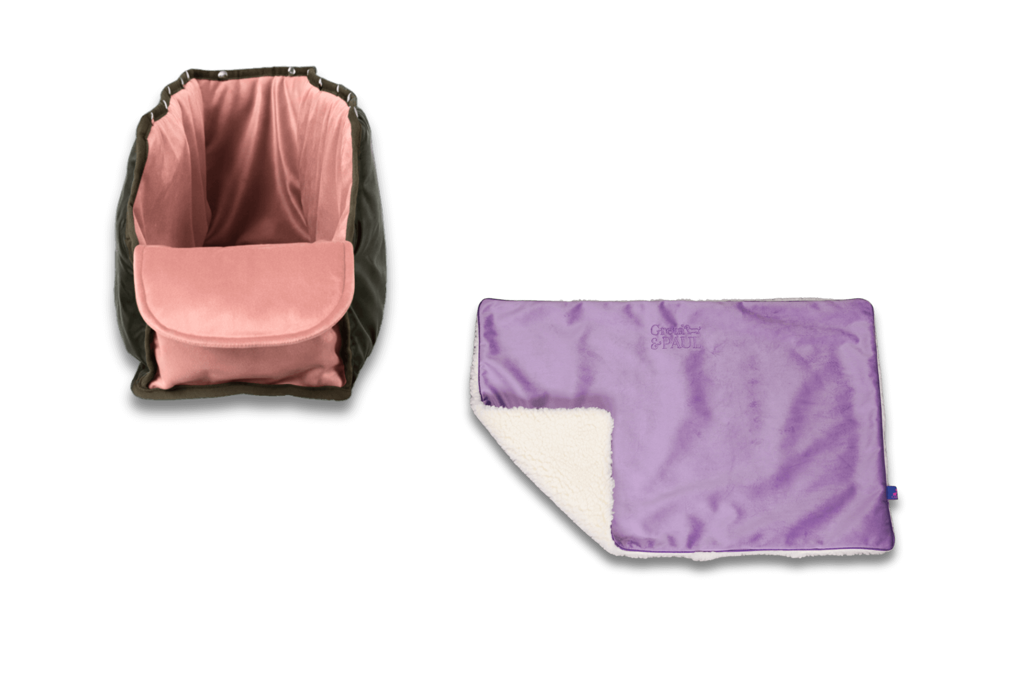 Handgefertigte Greta & PAUL fliederfarbene Samt-Flausch Hundedecke mit rosafarbenem XL-Samt-Inlay