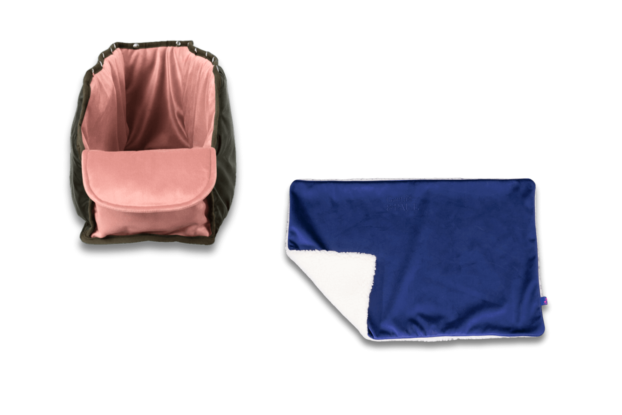 Handgefertigte Greta & PAUL königsblaue Samt-Flausch Hundedecke mit rosafarbenem XL-Samt-Inlay