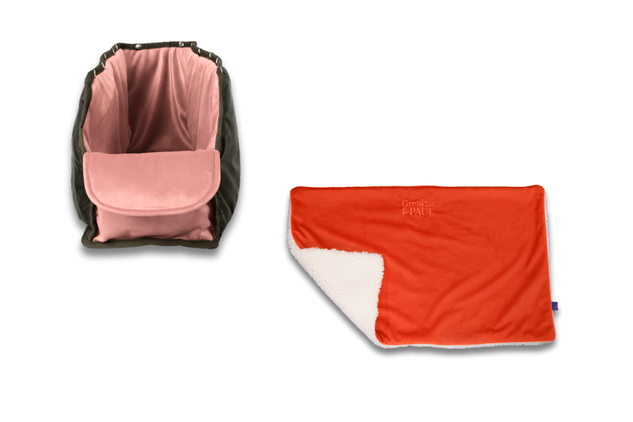 Handgefertigte Greta & PAUL orangefarbene Samt-Flausch Hundedecke mit rosafarbenem XL-Samt-Inlay