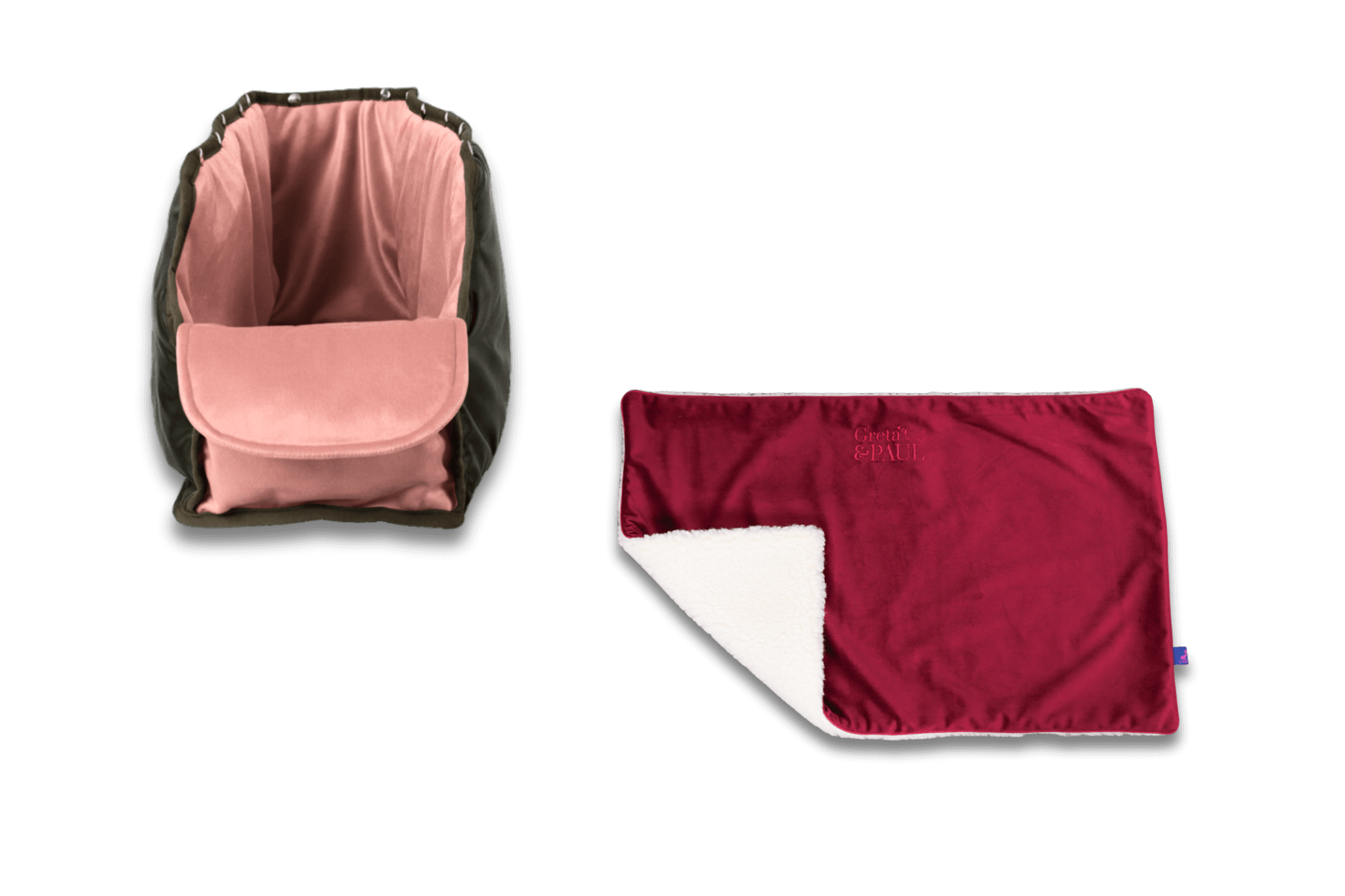 Handgefertigte Greta & PAUL Very-berryfarbene Samt-Flausch Hundedecke mit rosafarbenem XL-Samt-Inlay