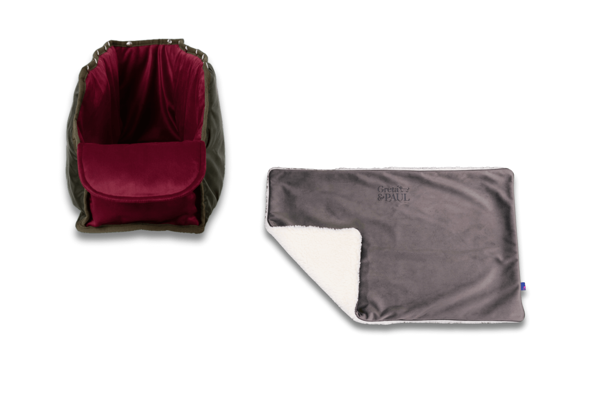 Handgefertigte Greta & PAUL anthrazitfarbene Samt-Flausch Hundedecke mit Very-berryfarbenem XL-Samt-Inlay