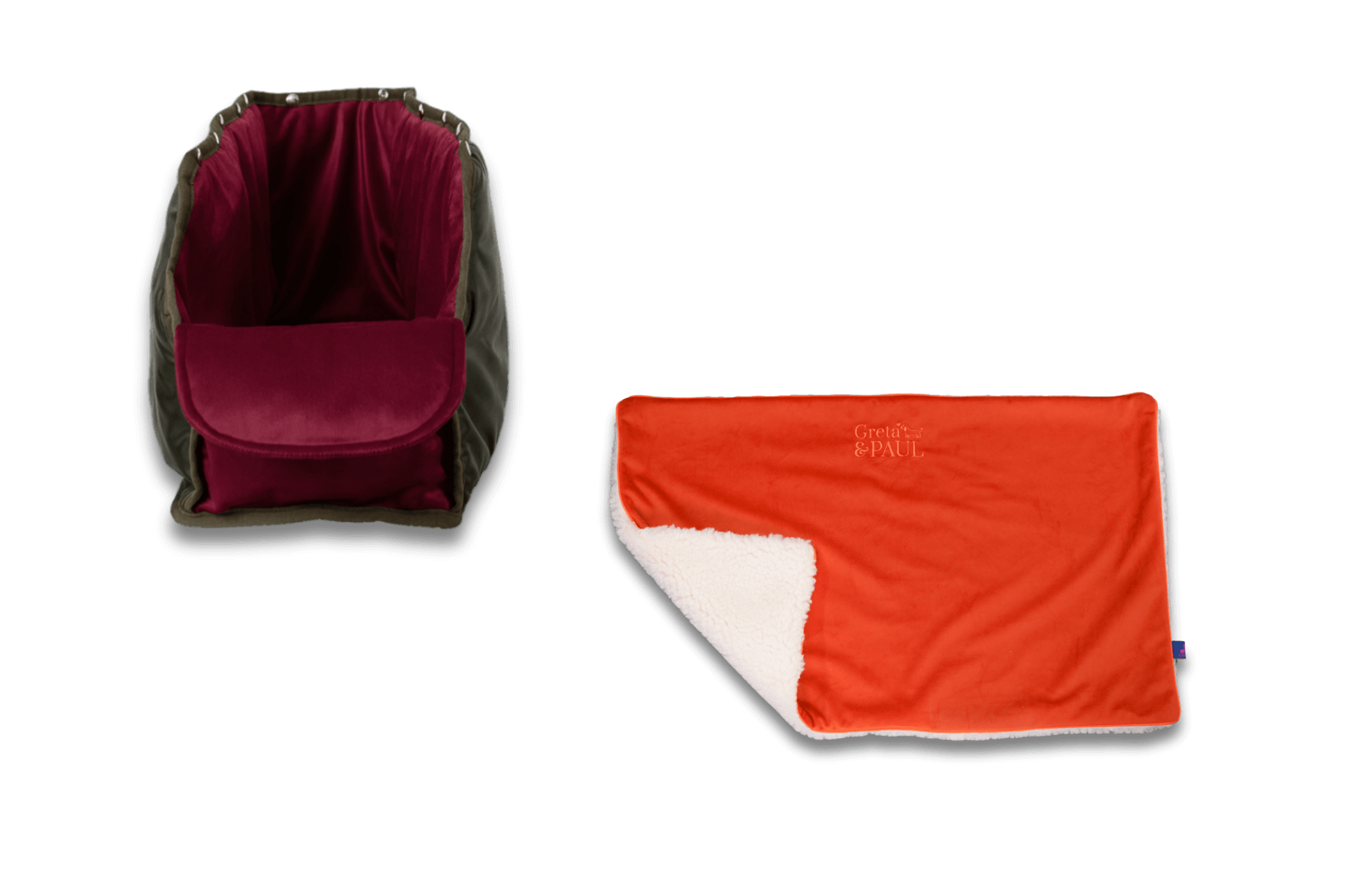 Handgefertigte Greta & PAUL orangefarbene Samt-Flausch Hundedecke mit Very-berryfarbenem XL-Samt-Inlay