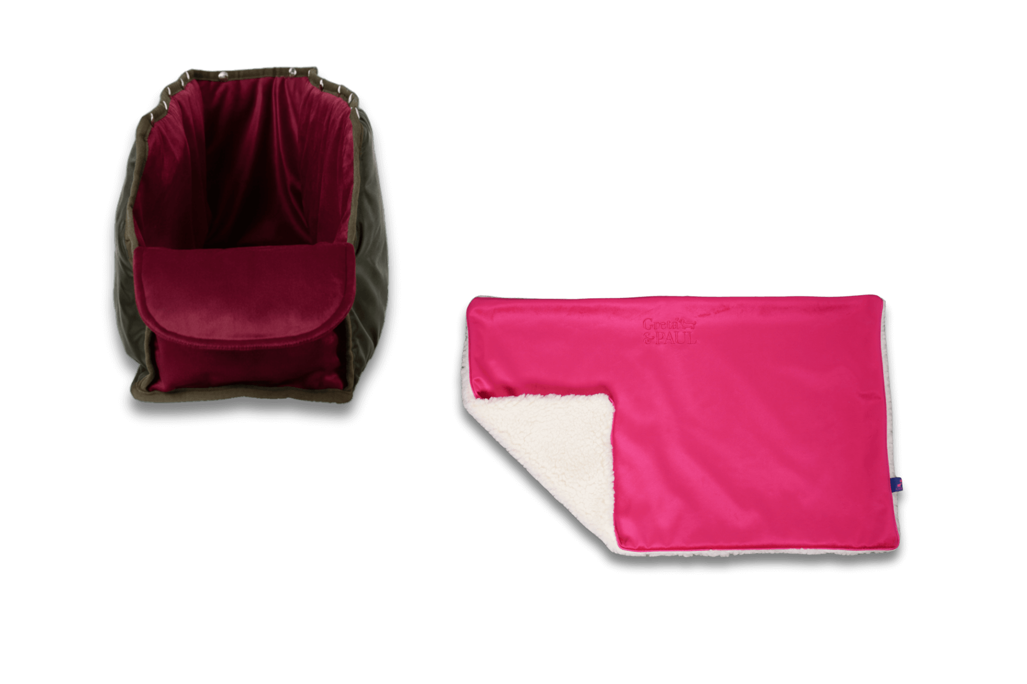 Handgefertigte Greta & PAUL pinke Samt-Flausch Hundedecke mit Very-berryfarbenem XL-Samt-Inlay