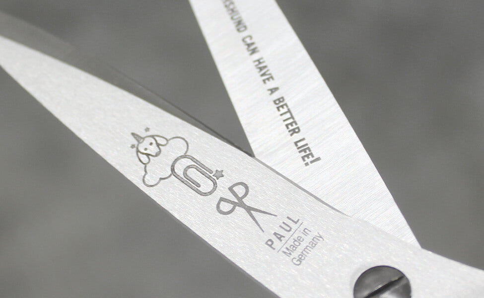 Detailansicht der PAUL Büroschere mit feiner Dackel-Gravur und Schriftzug Made in Germany
