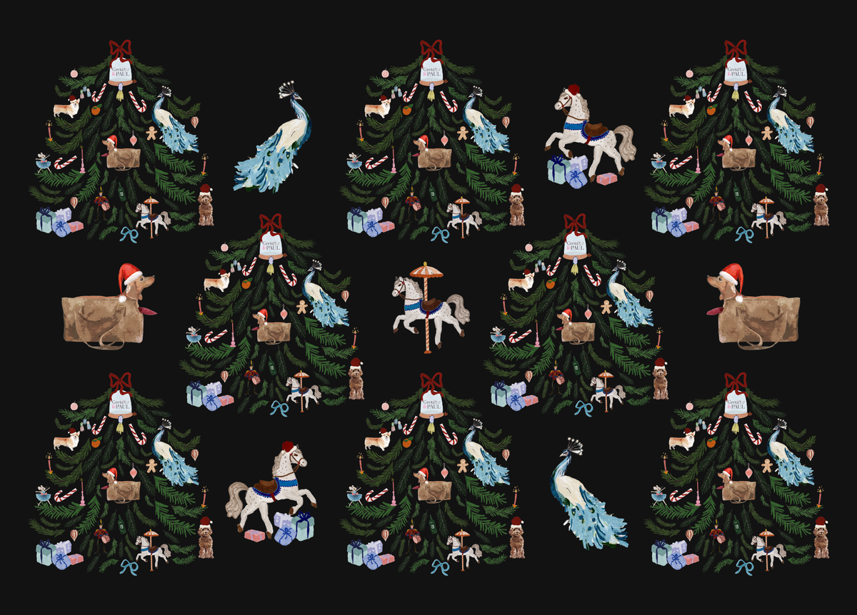 Geschenkpapier Weihnachten in All Black mit Weihnachtsbaum und Dackel mit Weihnachtsmütze