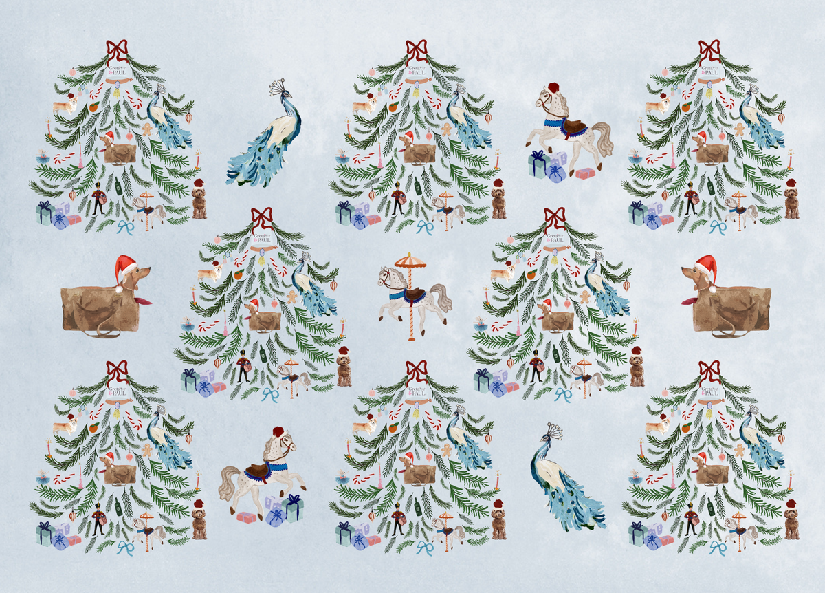 Geschenkpapier Weihnachten in Himmelblau mit Weihnachtsbaum und Dackel mit Weihnachtsmütze