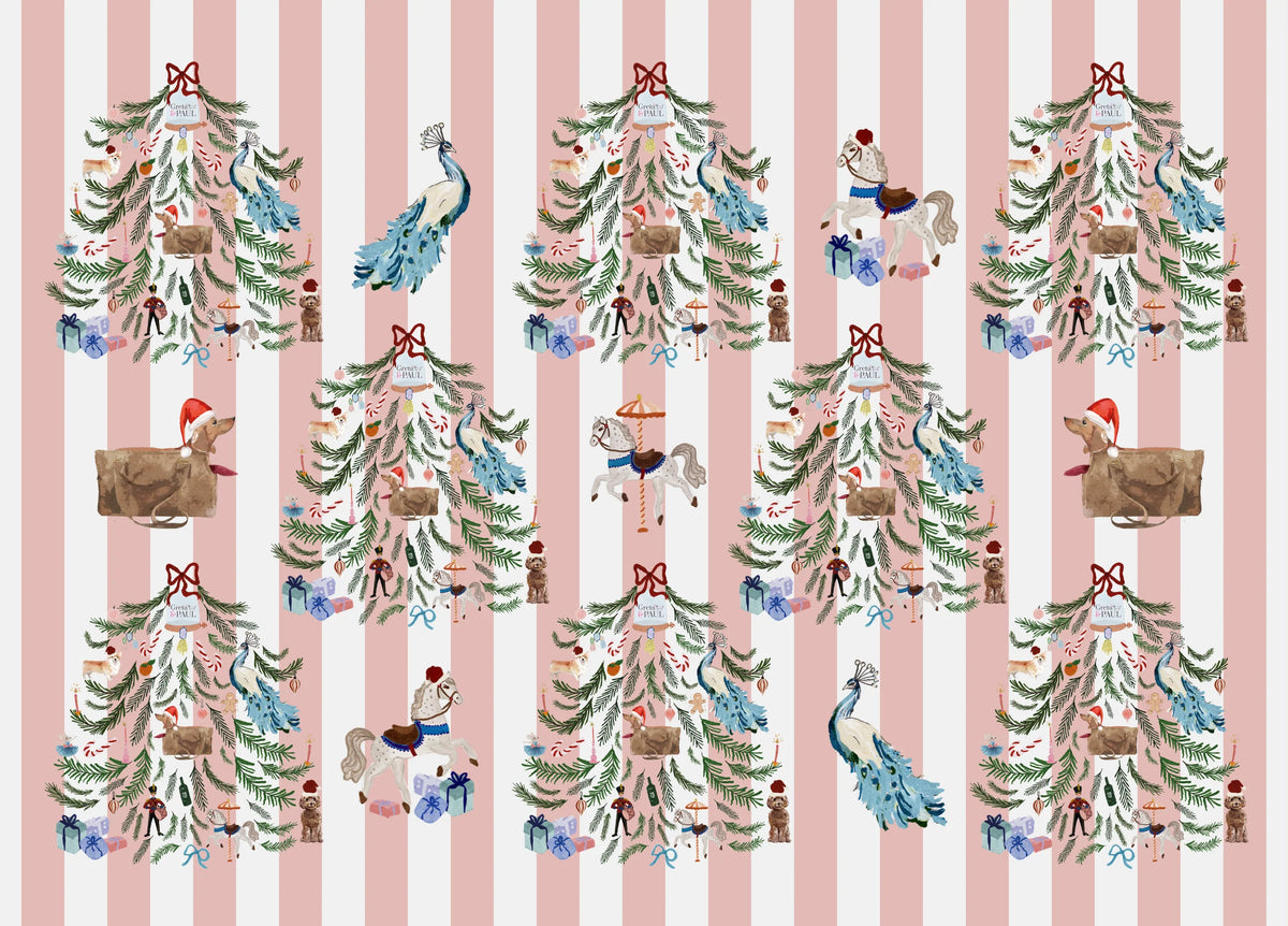 Geschenkpapier Weihnachten rosa-apricot gestreift mit Weihnachtsbaum und Dackel mit Weihnachtsmütze