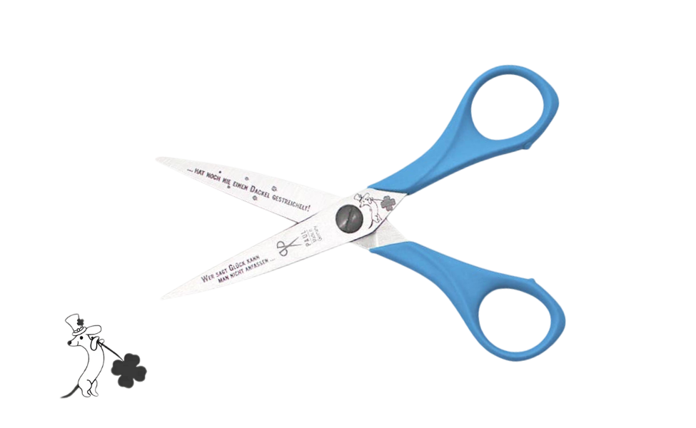Greta's Dackel-Bastelschere von PAUL in Hellblau mit Gravur "Wer sagt Glück kann man nicht anfassen... hat noch nie einen Dackel gestreichelt!".
